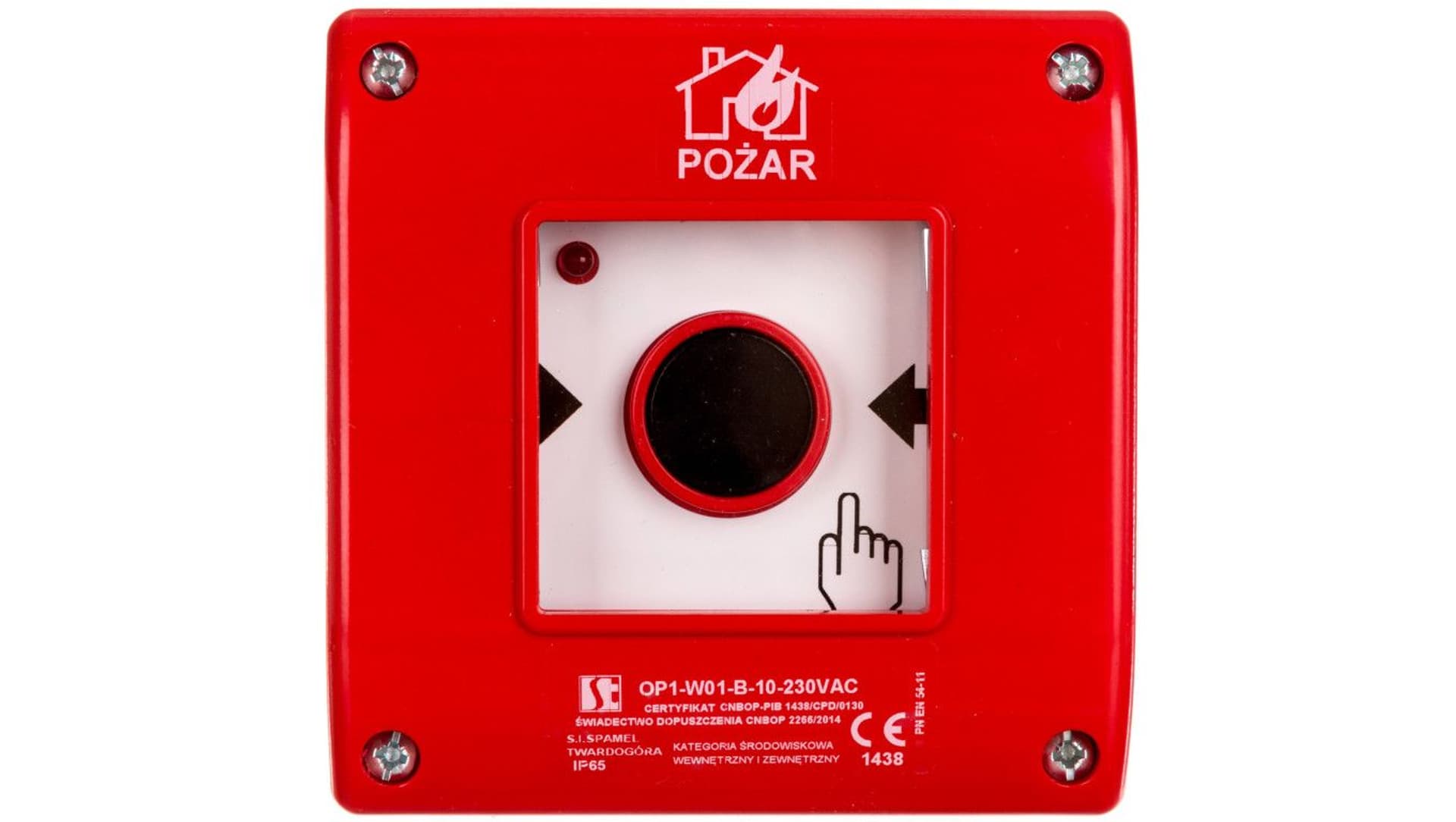 

Ręczny ostrzegacz przeciwpożarowy natynkowy, styk 1Z+LED 230V AC OP1-W01-B10-230