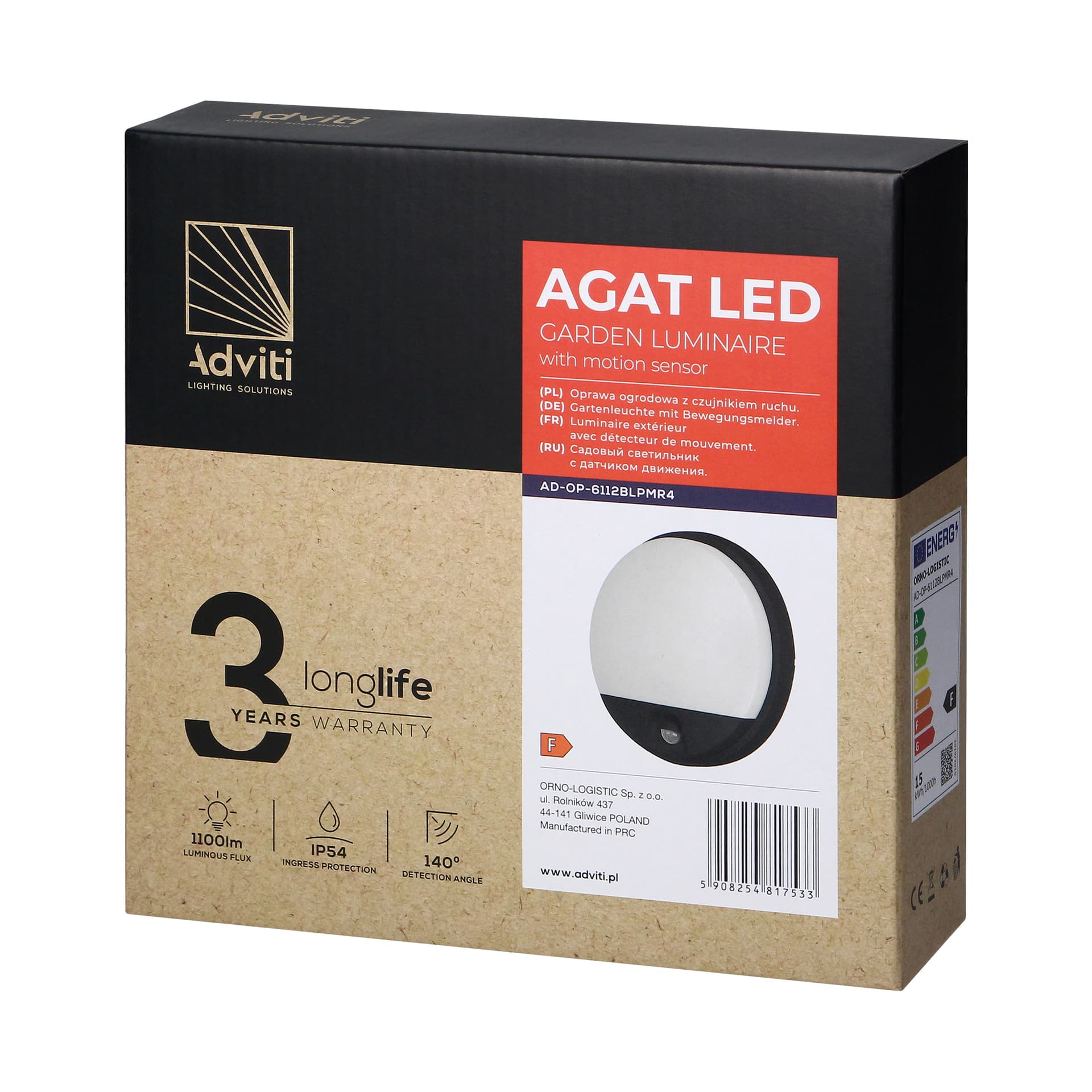 

AGAT LED 15W, oprawa ogrodowa z czujnikiem ruchu, 140st, 1100lm, IP54, 4000K, czarna