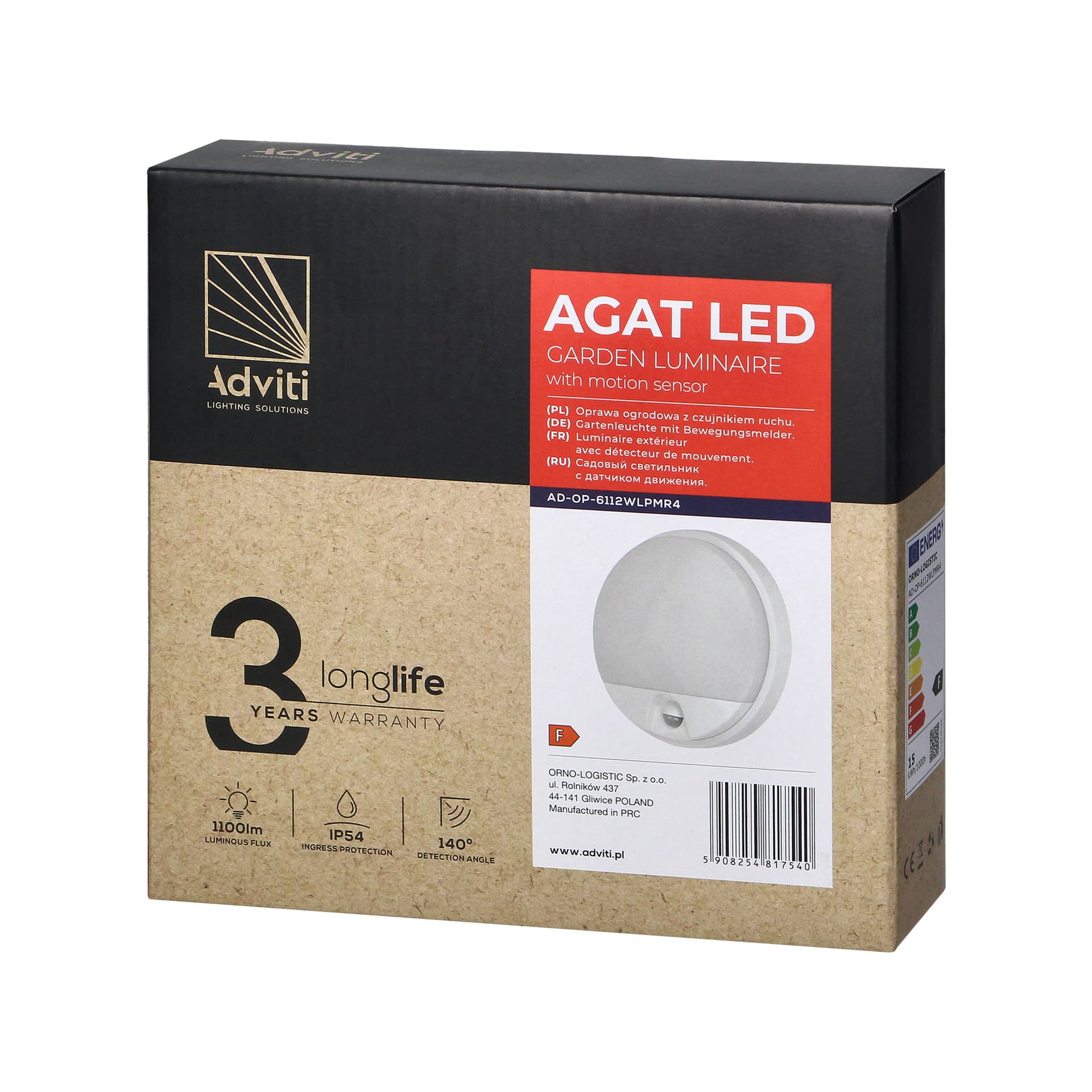 

AGAT LED 15W, oprawa ogrodowa z czujnikiem ruchu 140st, 1100lm, IP54, 4000K, biała
