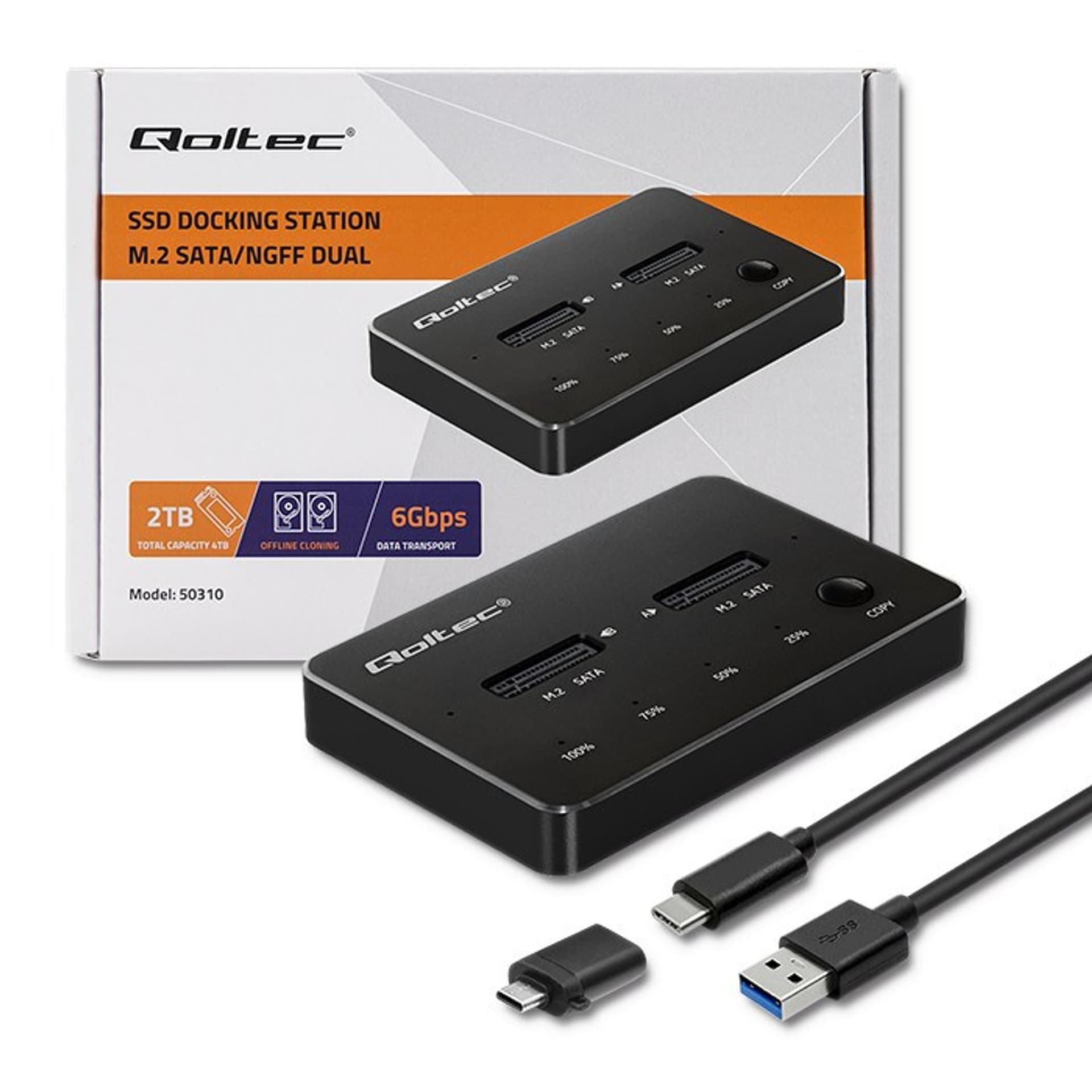 

QOLTEC STACJA DOKUJĄCA DYSKÓW 2X SSD M.2 SATA | NGFF | USB TYP C
