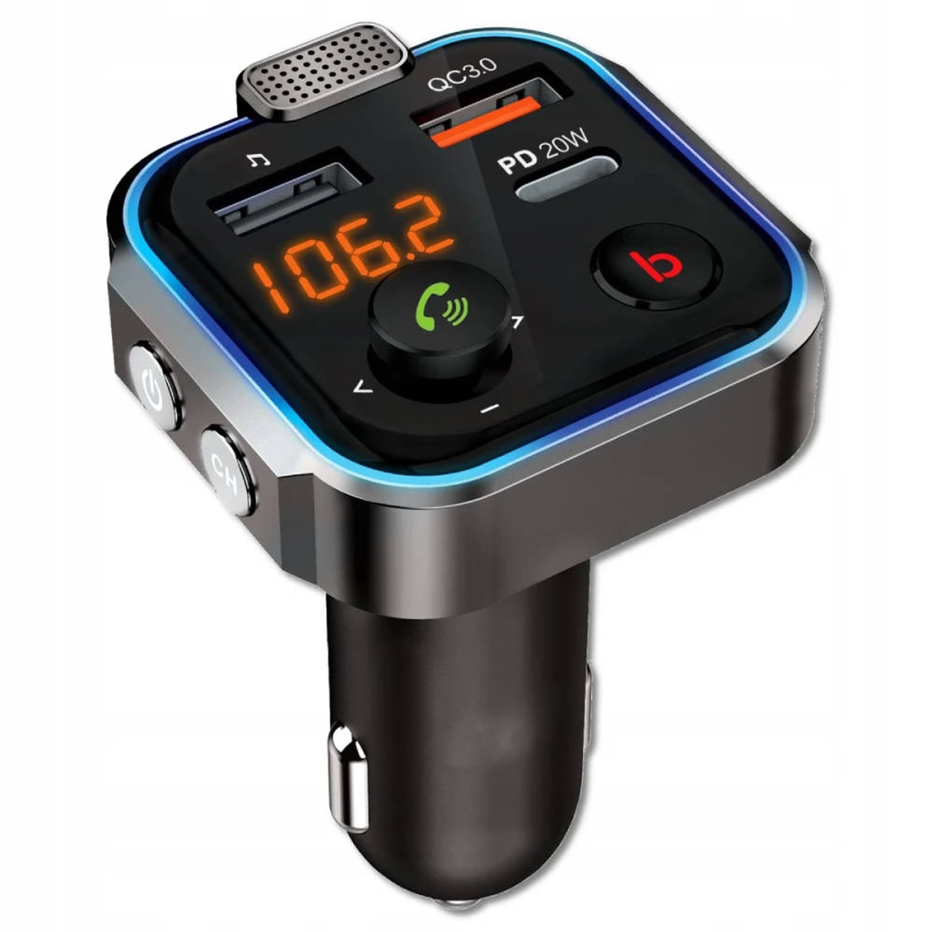 

Transmiter FM P5 Bluetooth 5.0 2x USB + 1x PD USB-C czarny