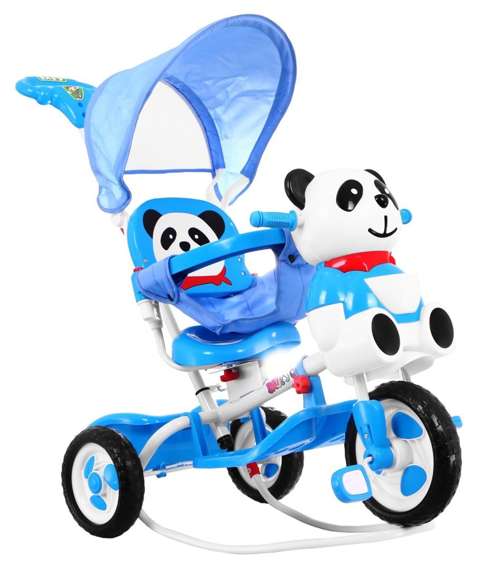 

3-kołowy Rowerek dla dzieci Panda Niebieski + Dźwięki + Daszek + Barierka + Podnóżek + Rączka + Płozy + Schowek
