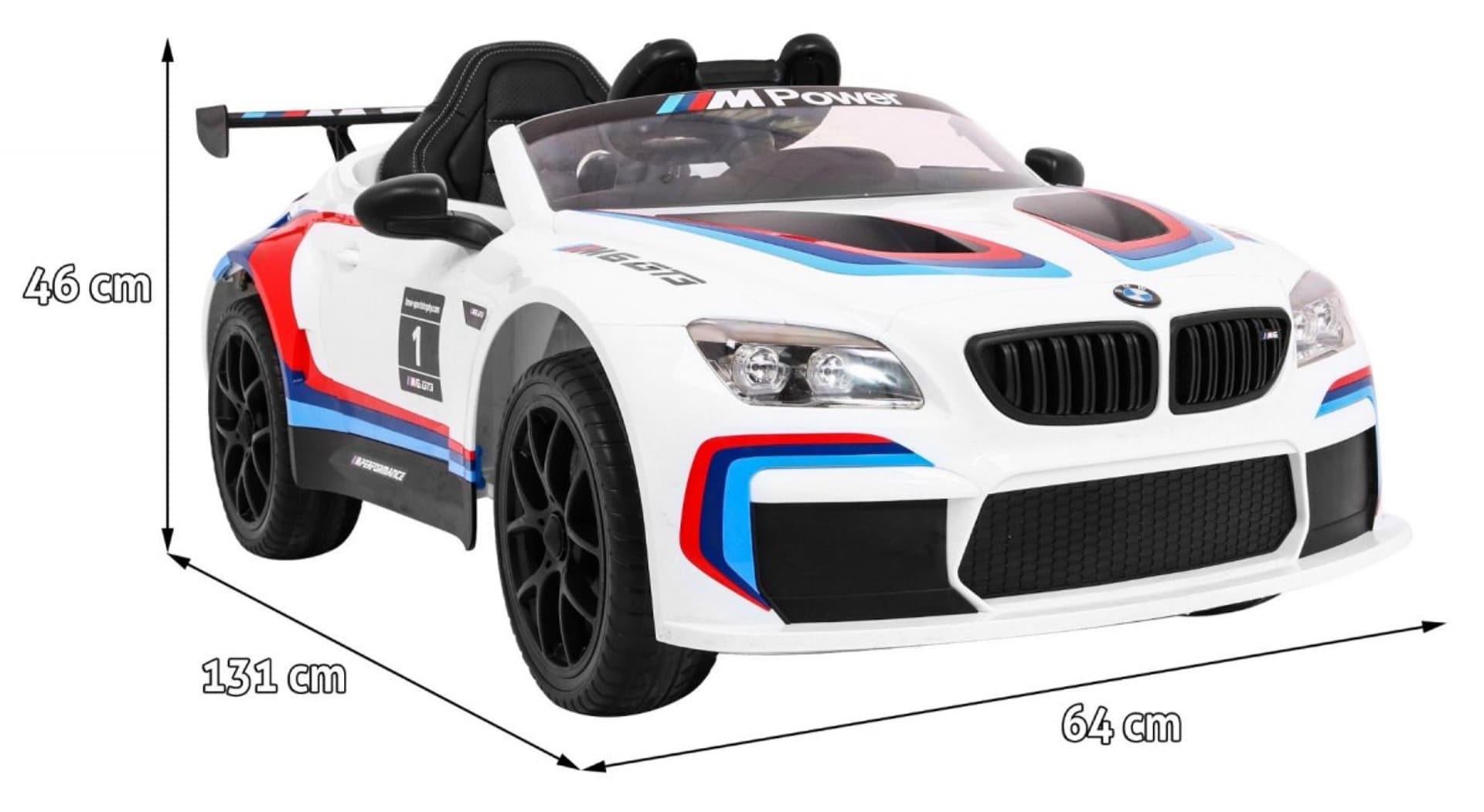 

BMW M6 GT3 Auto na akumulator dla dzieci Biały + Nawiew powietrza + Dźwięki MP3 Światła + Pilot