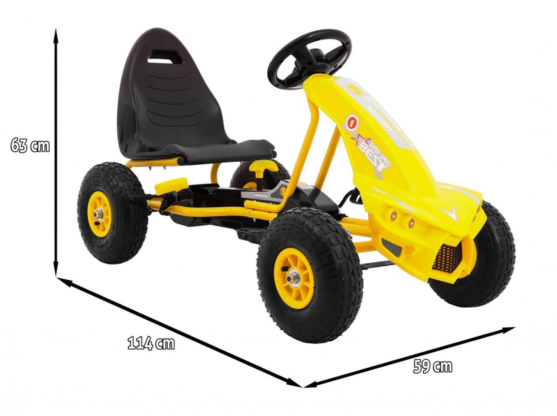

Gokart Champion na pedały dla dzieci 3+ Żółty + Pompowane opony + Regulowane siedzisko + Ręczny hamulec