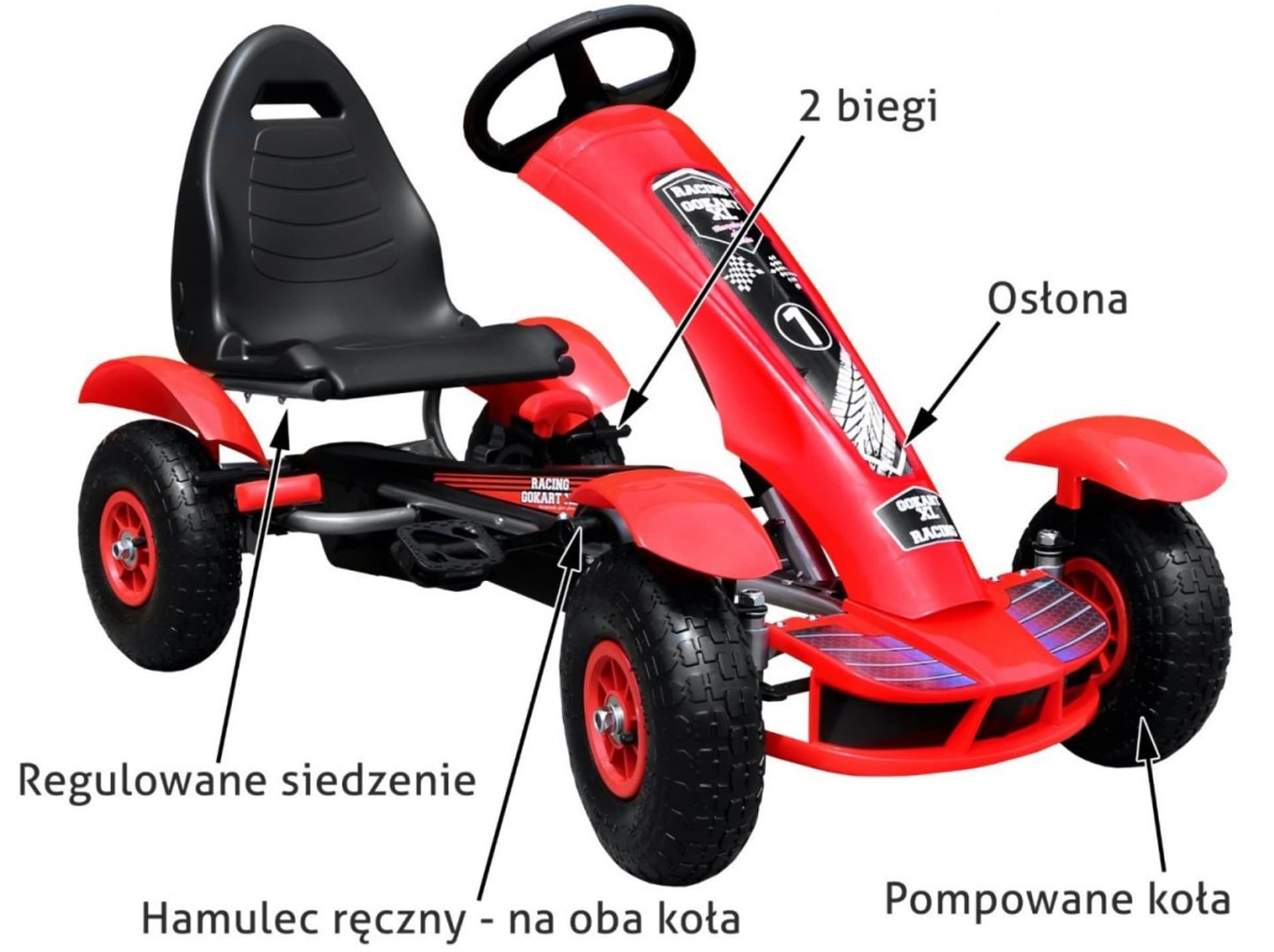 

Gokart na pedały Racing XL dla dzieci 3+ Czerwony + Pompowane koła + Regulacja fotela + Wolny bieg