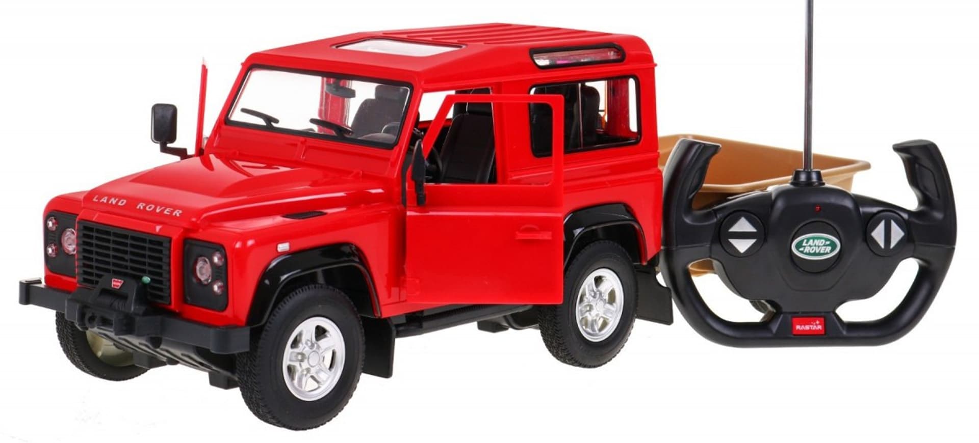 

Land Rover Defender czerwony RASTAR model 1:14 Zdalnie sterowane auto terenowe + Pilot 2,4 GHz + Przyczepa