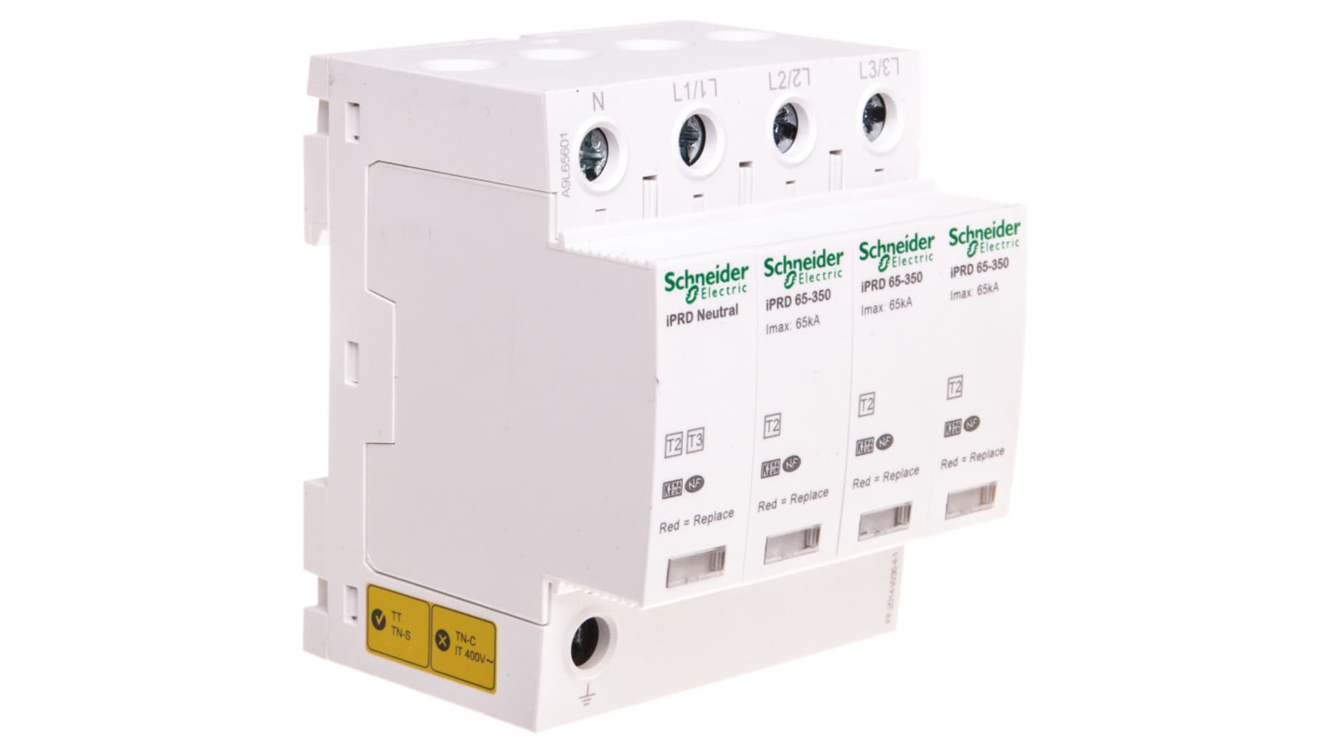 

Ogranicznik przepięć C Typ 2 3P+N 65kA ze stykiem pomocniczym iPRD-65r-65kA-350V-3PN A9L65601