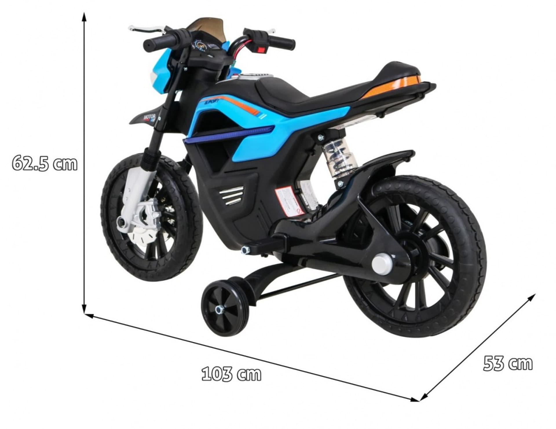 

Motor Night Rider na akumulator dla dzieci Niebieski + Kółka pomocnicze + MP3 USB + Gaz w manetce