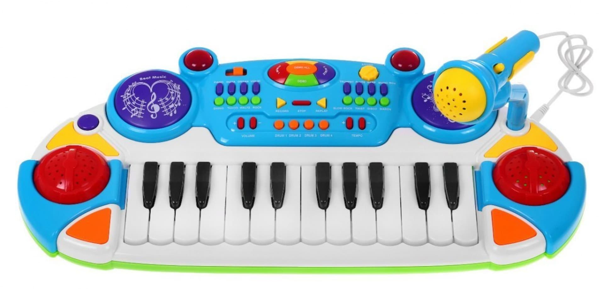 

Niebieski zestaw muzyczny Keyboard + Werble + Mikrofon dla dzieci 3+ Światła + Dźwięki 2 oktawy