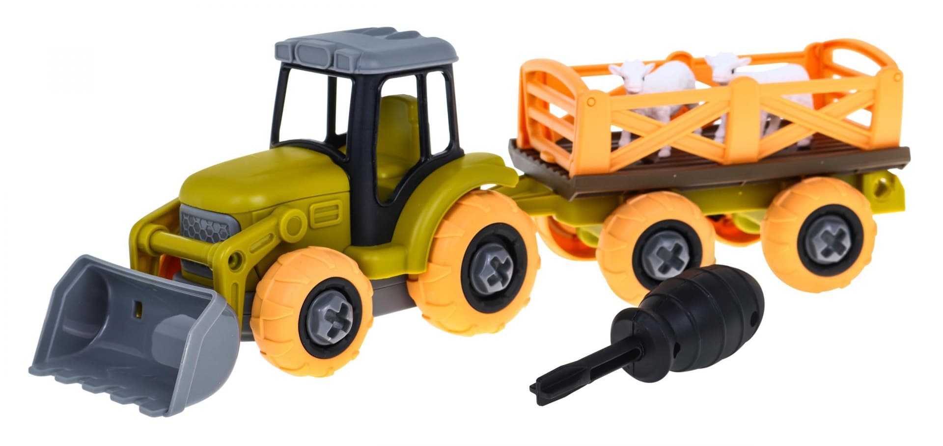 

Rozkręcany traktor z łyżką i przyczepą + śrubokręt + owieczki Zabawka dla dzieci 3+