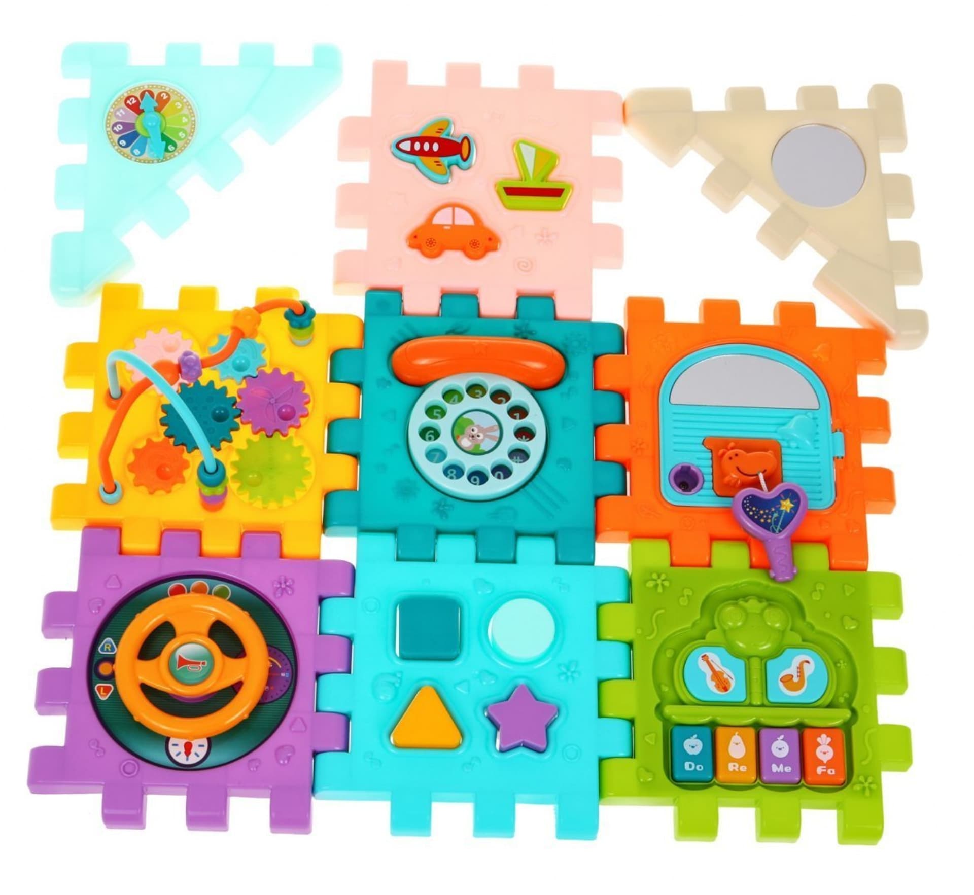 

Multidomek sensoryczny dla dzieci 18m+ Mini gry 9 Puzzli + Sortery + Przeplatanka + Zegar