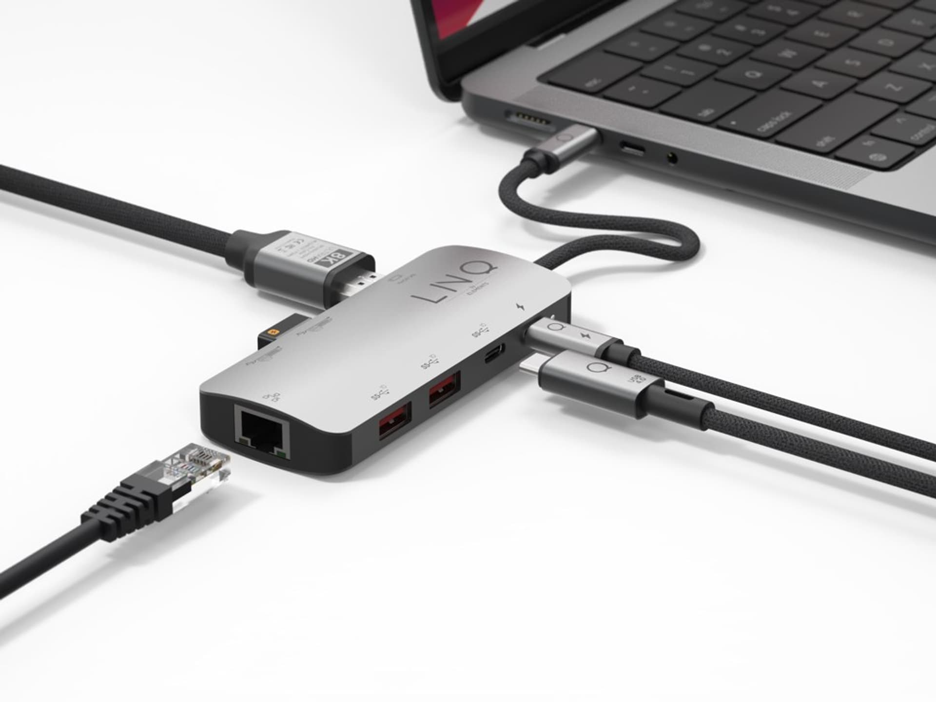 

LINQ HUB USB-C 8IN1 8K PRO MULTIPORT (HDMI,USB-C 3.2, 2X USB-A 3.2, 2X USB-A 2.0, RJ45 2,5GB/S, USB-C PD 100W DO ZASILANIA)