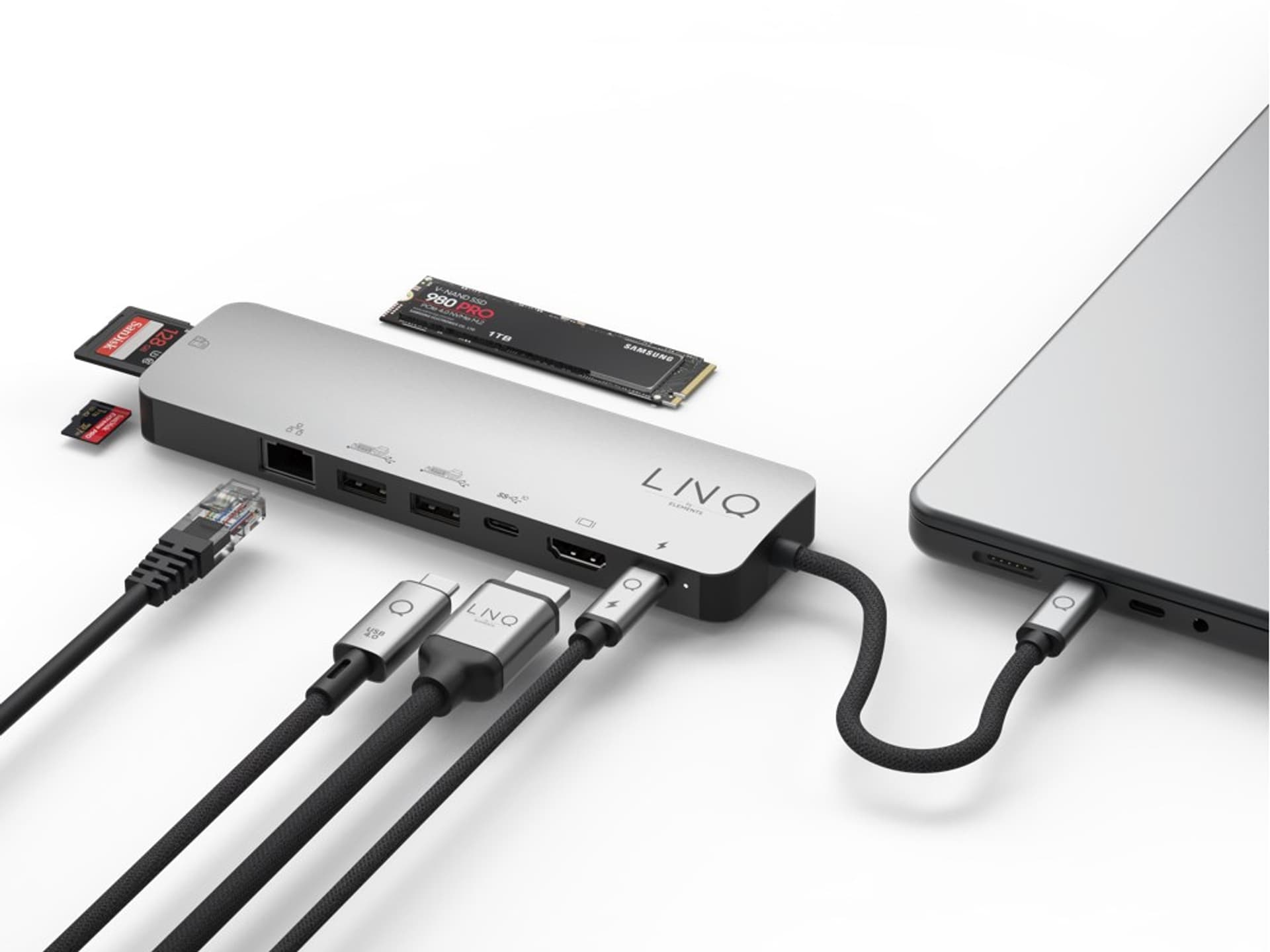 

LINQ HUB USB-C 9IN1 SSD PRO MULTIPORT (HDMI, USB-C, RJ45, 2XUSB-A, USB-C PD100W DO ZASILANIA, SLOT MICROSD/TF/SD, NVME M.2)