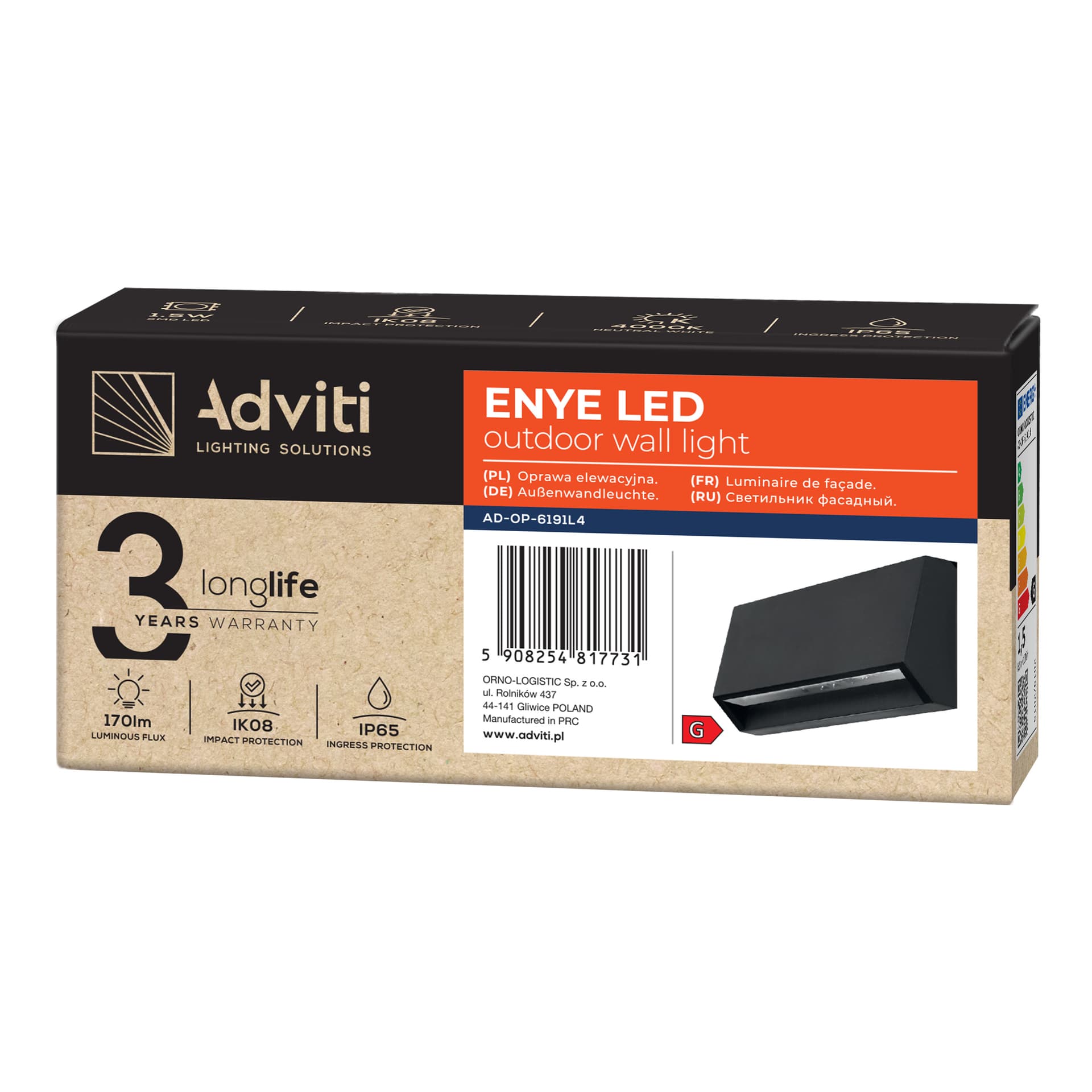 

ENYE LED 3W, oprawa elewacyjna, 170lm, IP65, 4000K,