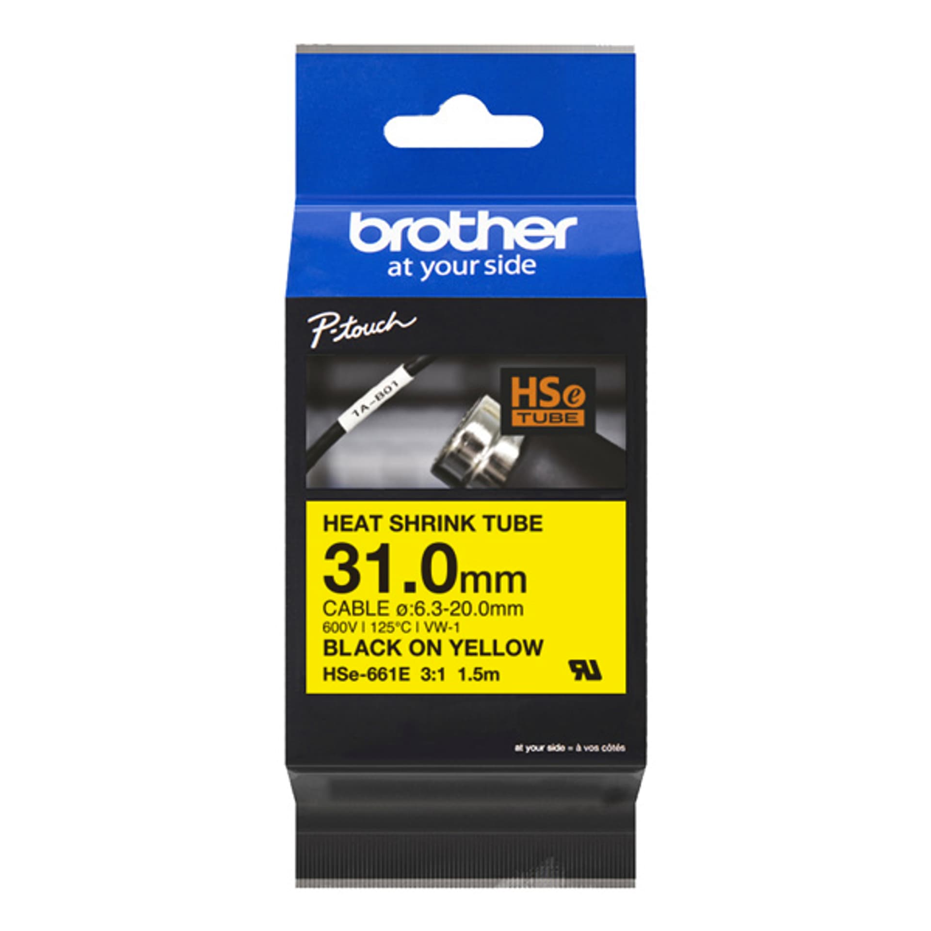 

Brother oryginalny taśma do drukarek etykiet, Brother, HSE-661E, czarny druk/żółty podkład, 1.5m, 31mm