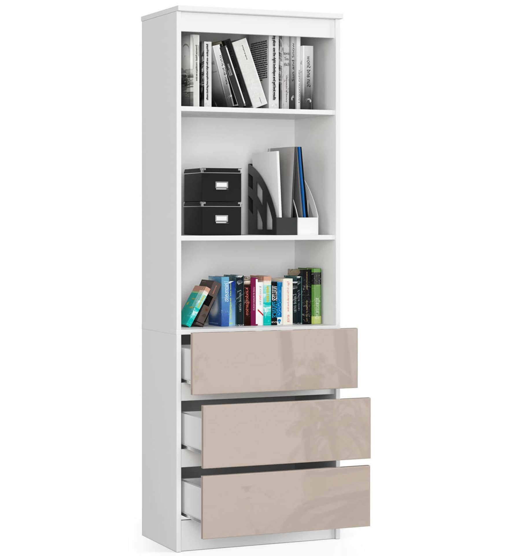 

REGAŁ BIUROWY R 60 cm CLP 3 SZUFLADY 2 PÓŁKI BIAŁY / CAPPUCCINO POŁYSK