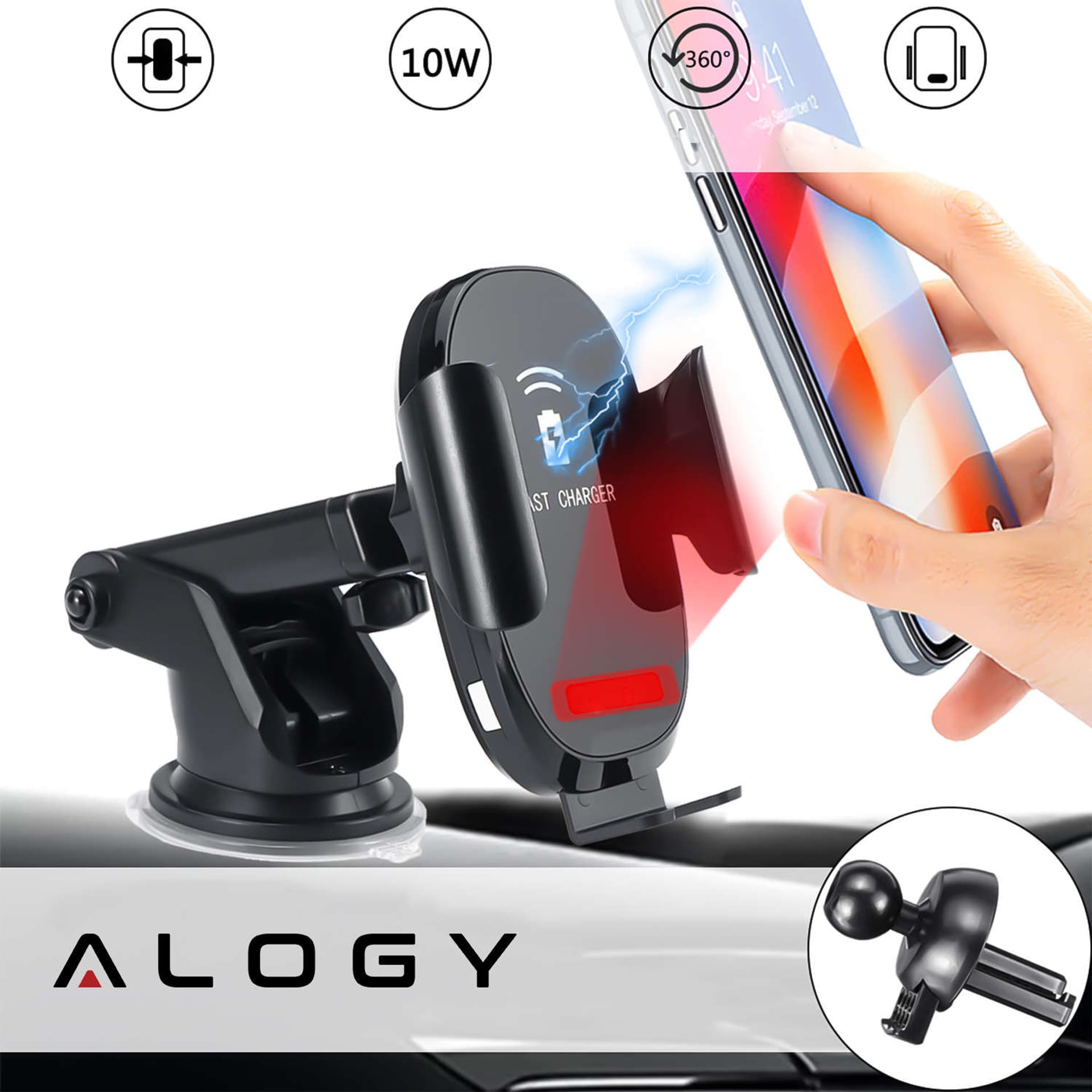 

Uchwyt samochodowy 2w1 z ładowarką Qi Car Holder bezprzewodowa ładowarka do kratki na szybę Czarny