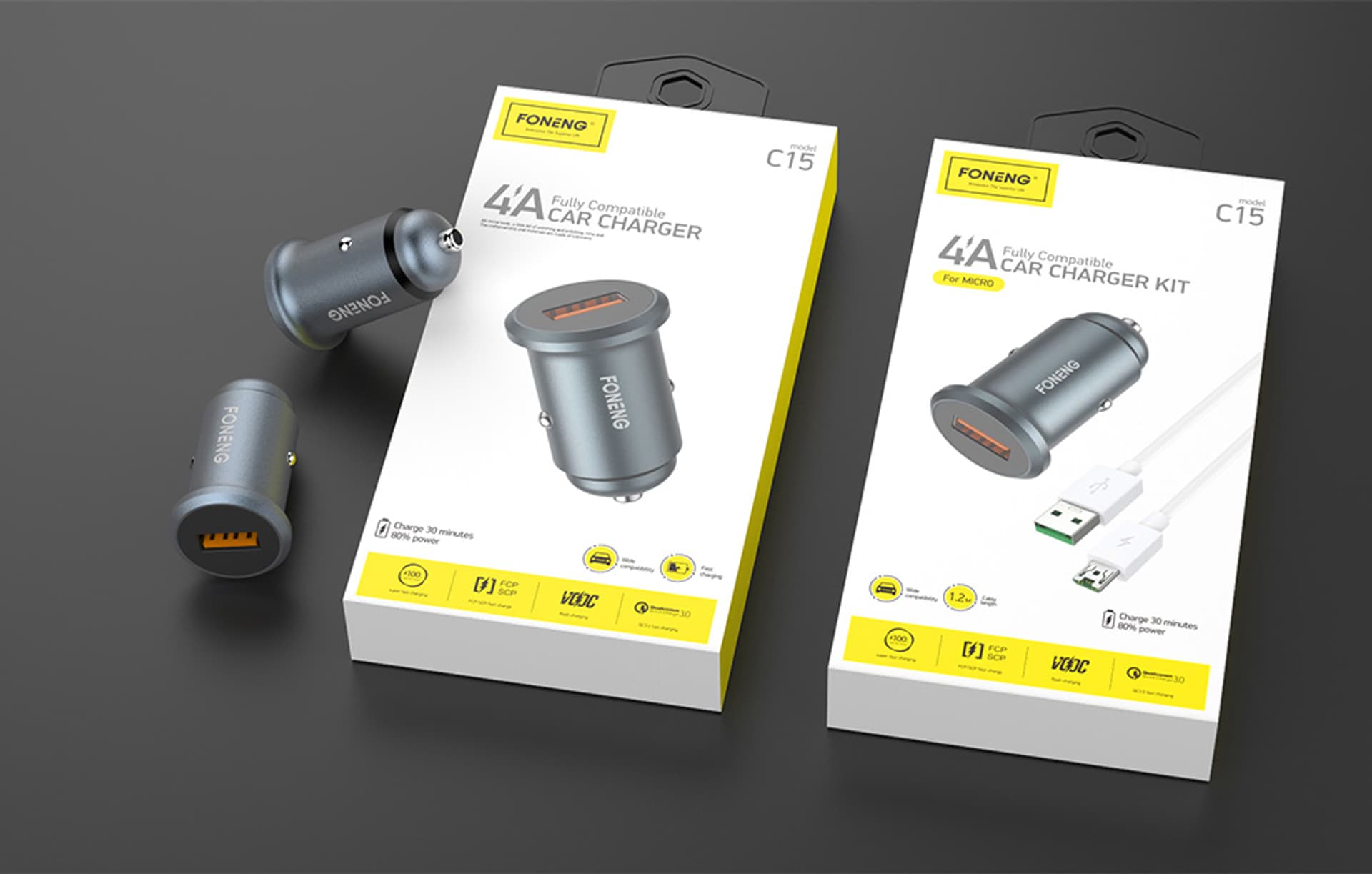 

Ładowarka samochodowa Foneng C15, USB, 4A + kabel USB do Micro USB (szara)