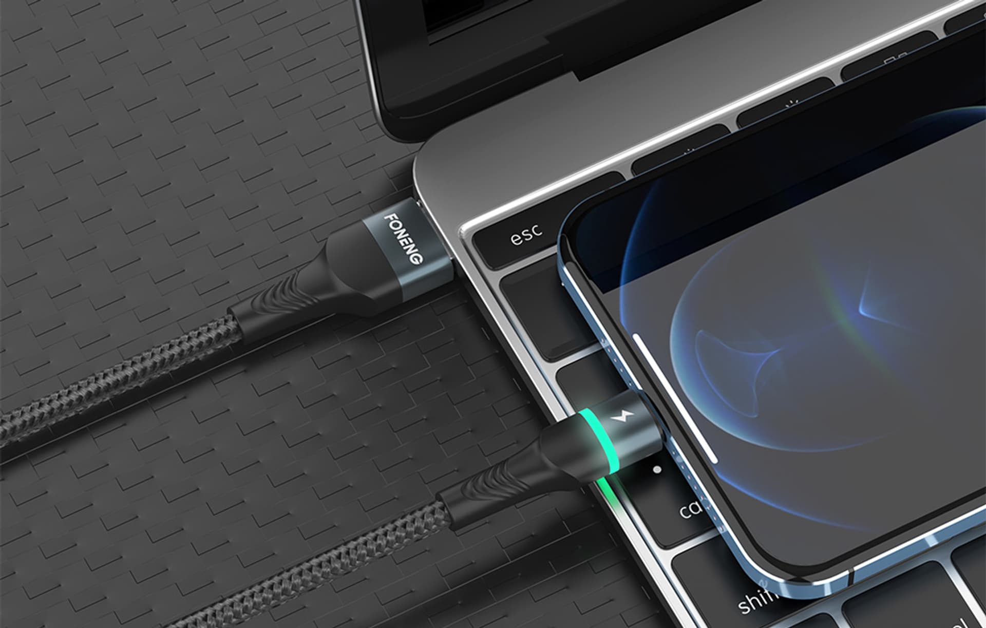 

Kabel USB do Lightning Foneng X79, LED, oplot, 3A, 1m (czarny)