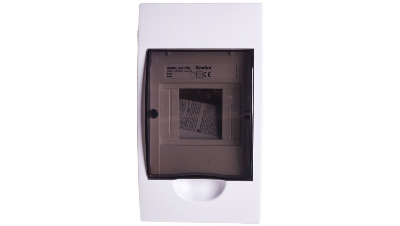 

Rozdzielnica modułowa 1x4 natynkowa IP40 IK06 N+PE II klasa drzwi transparentne szare DB104S 1X4P/SMD biała 3830
