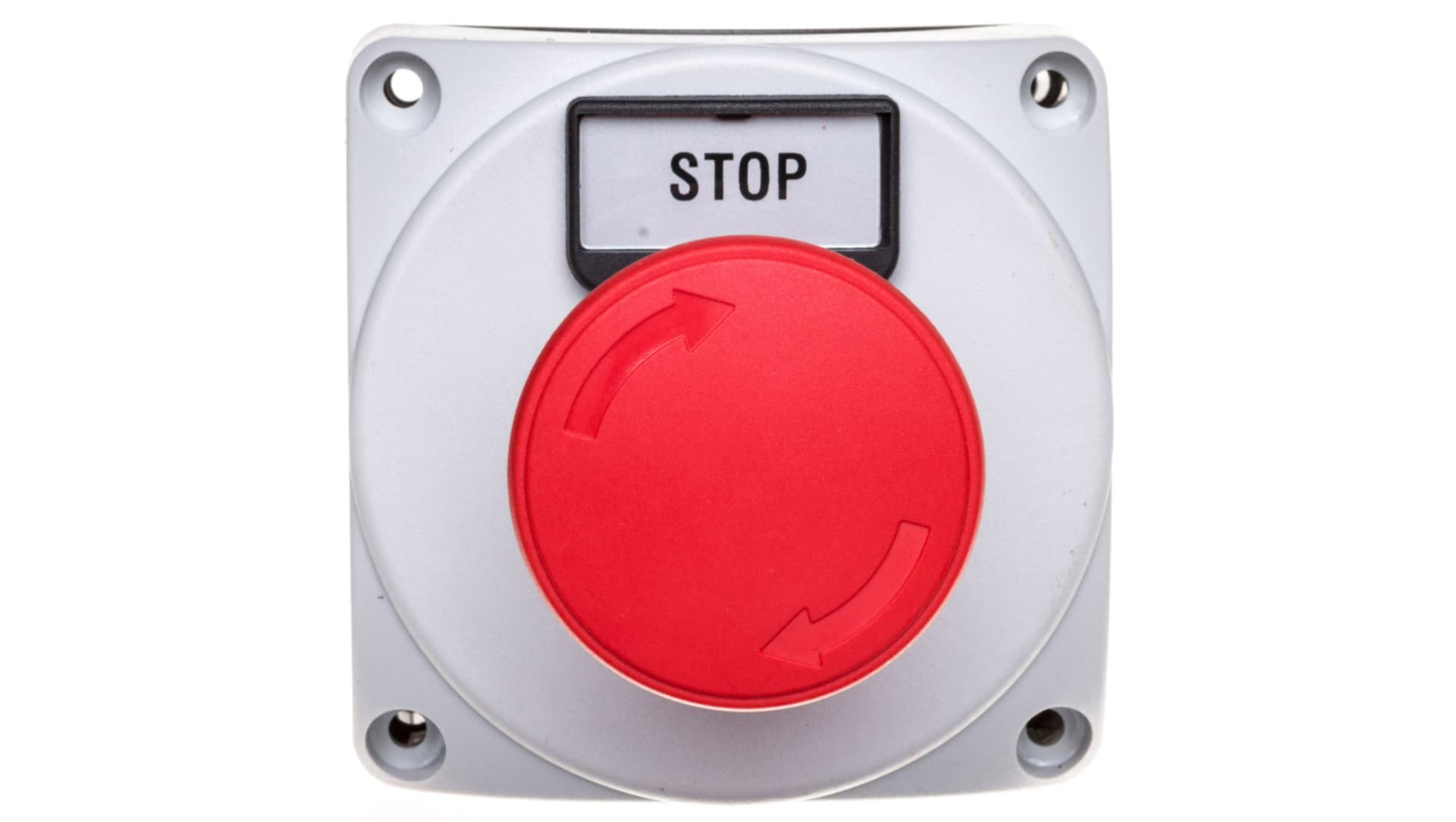 

Obudowa szara LPZ P1 A8 z przyciskiem LPCB6344 i etykietą STOP LPZP1B802