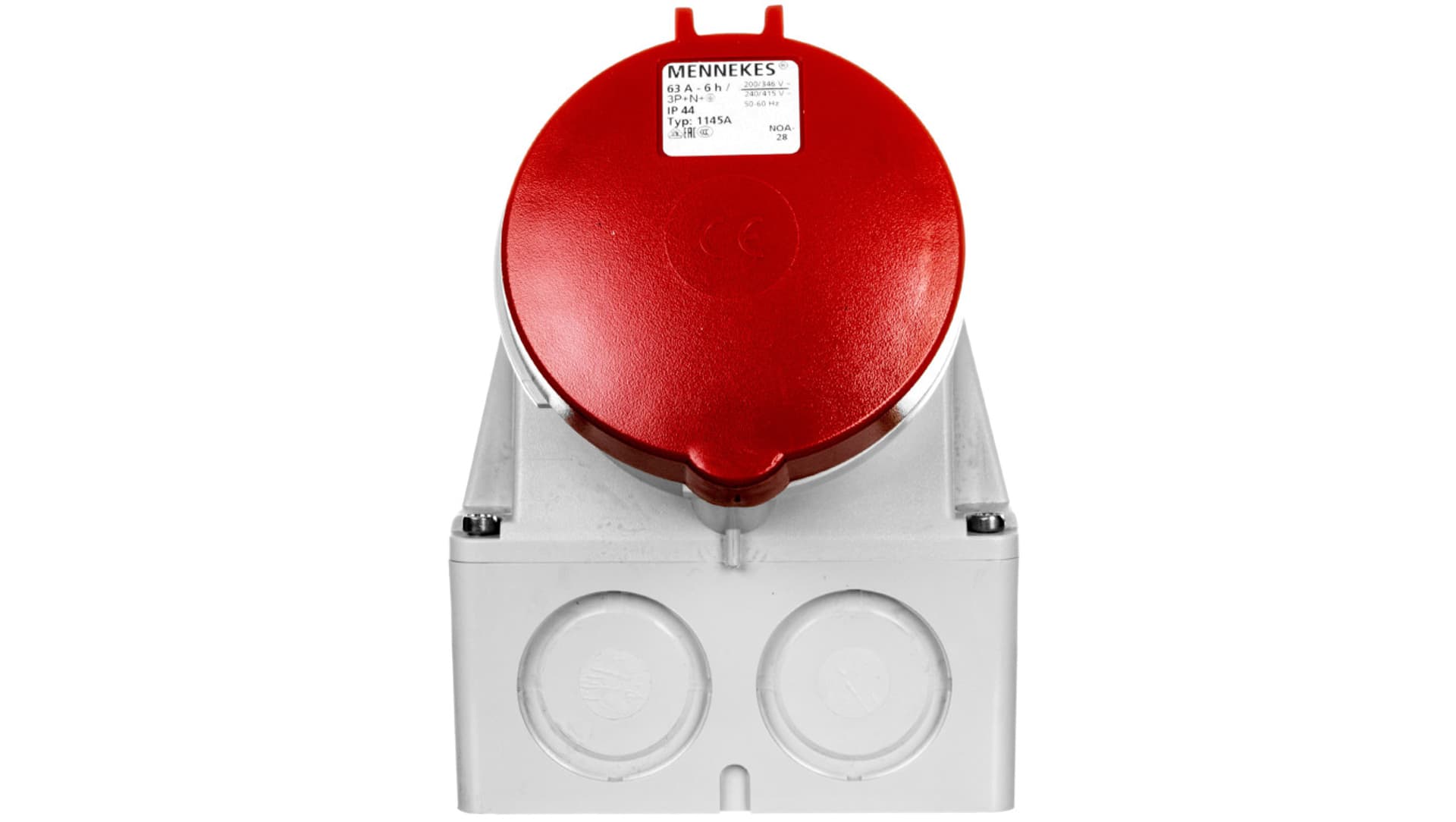 

Gniazdo naścienne 2-częściowe 63A 5p 6h 400V IP44 zaciski śrubowe MEN1145A