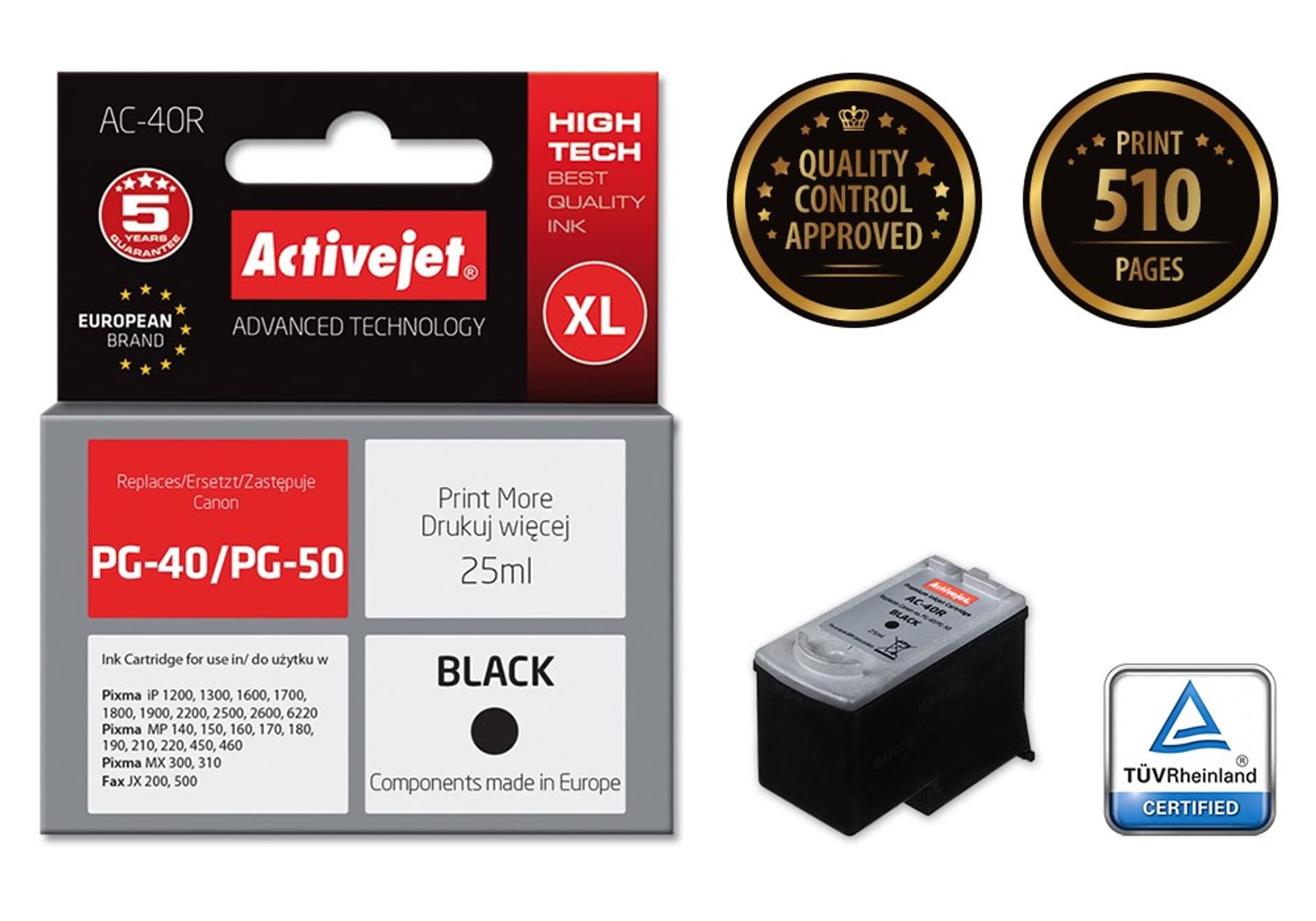 

Activejet AC-40R Tusz (zamiennik Canon PG-40; Premium; 25 ml; czarny)