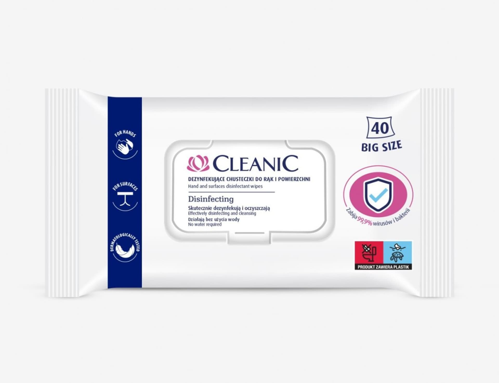 

Cleanic Dezynfekujące Chusteczki do rąk i powierzchni (Big Size) 1op.-40szt, Big size) 1op.-40sz