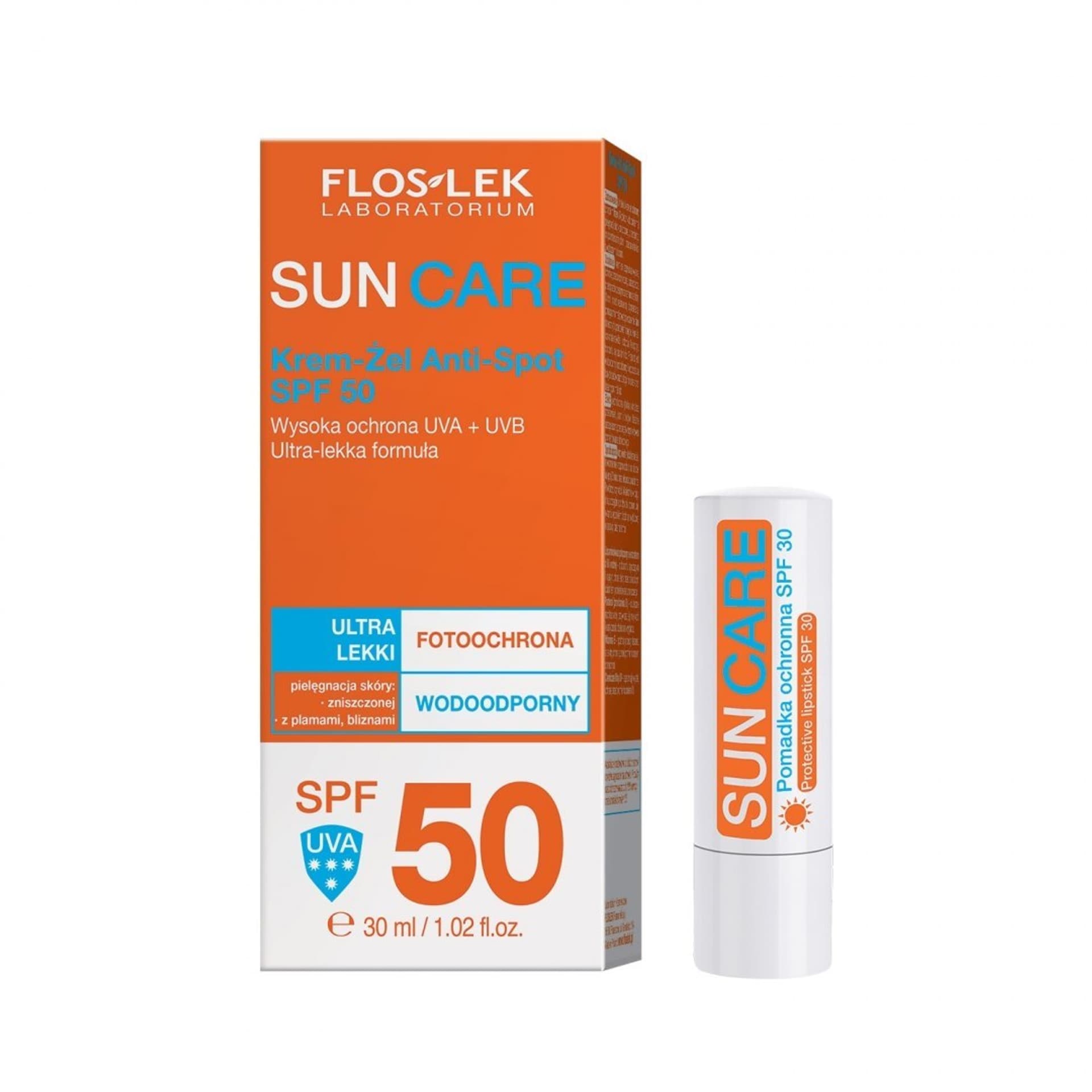 

Floslek Sun Care, Krem-Żel Anti-Spot SPF 50 30 ml + Pomadka