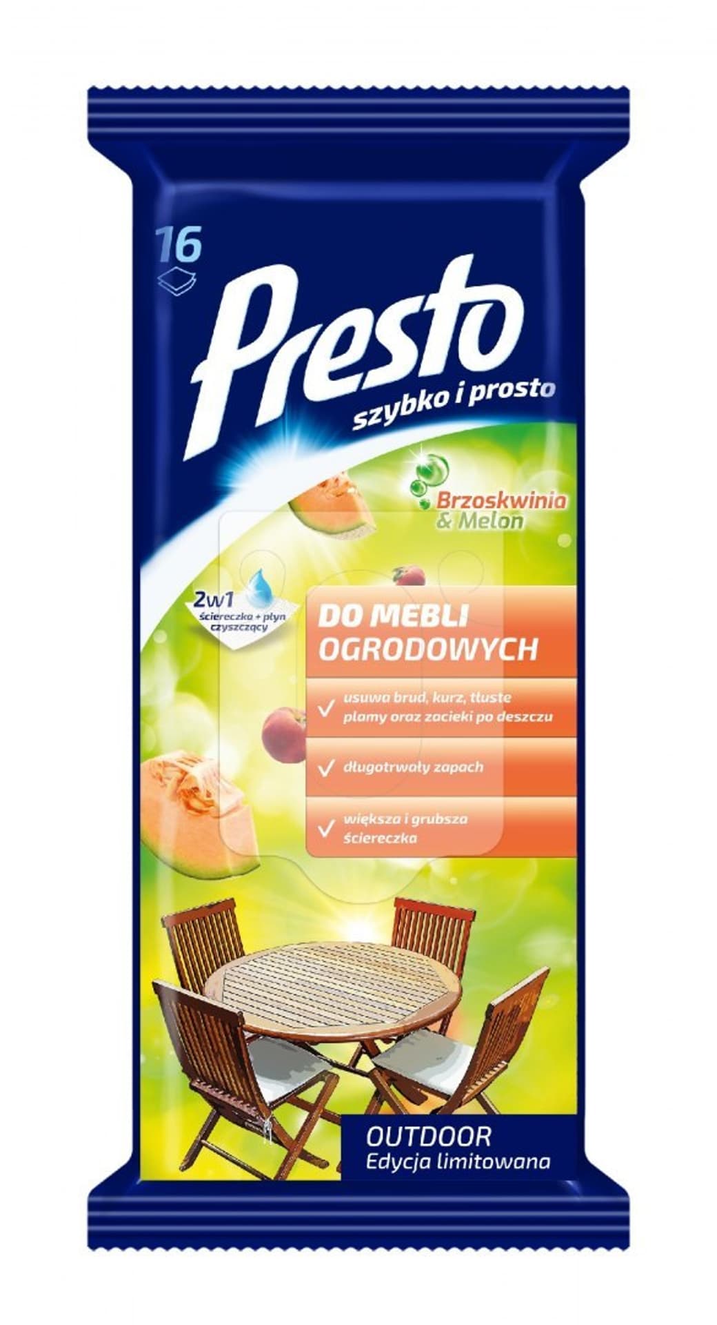 

Presto Ściereczki czyszczące+płyn 2w1 do mebli ogrodowych -Brzoskwinia & Melon-16szt