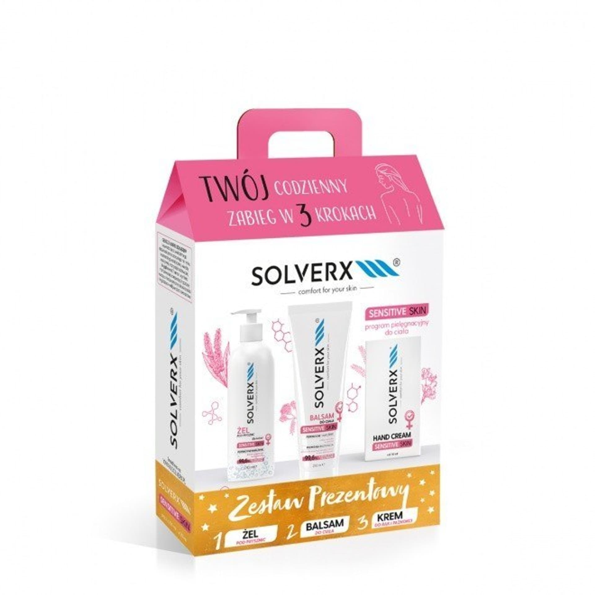 

SOLVERX Zestaw prezentowy Sensitive Skin (balsam do ciała 250ml+krem do rąk 50ml+żel do mycia ciała 250ml)
