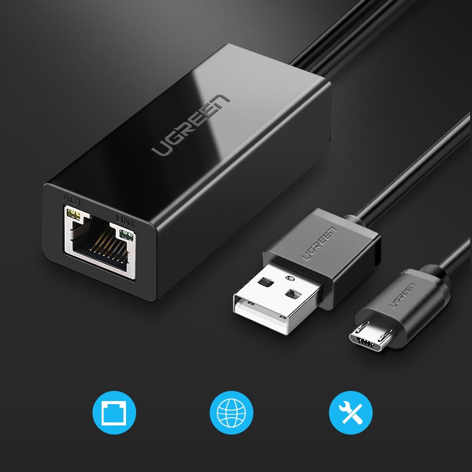 

Ugreen zewnętrzna karta sieciowa micro USB 100Mbps do Chromecast 1m czarny (30985)