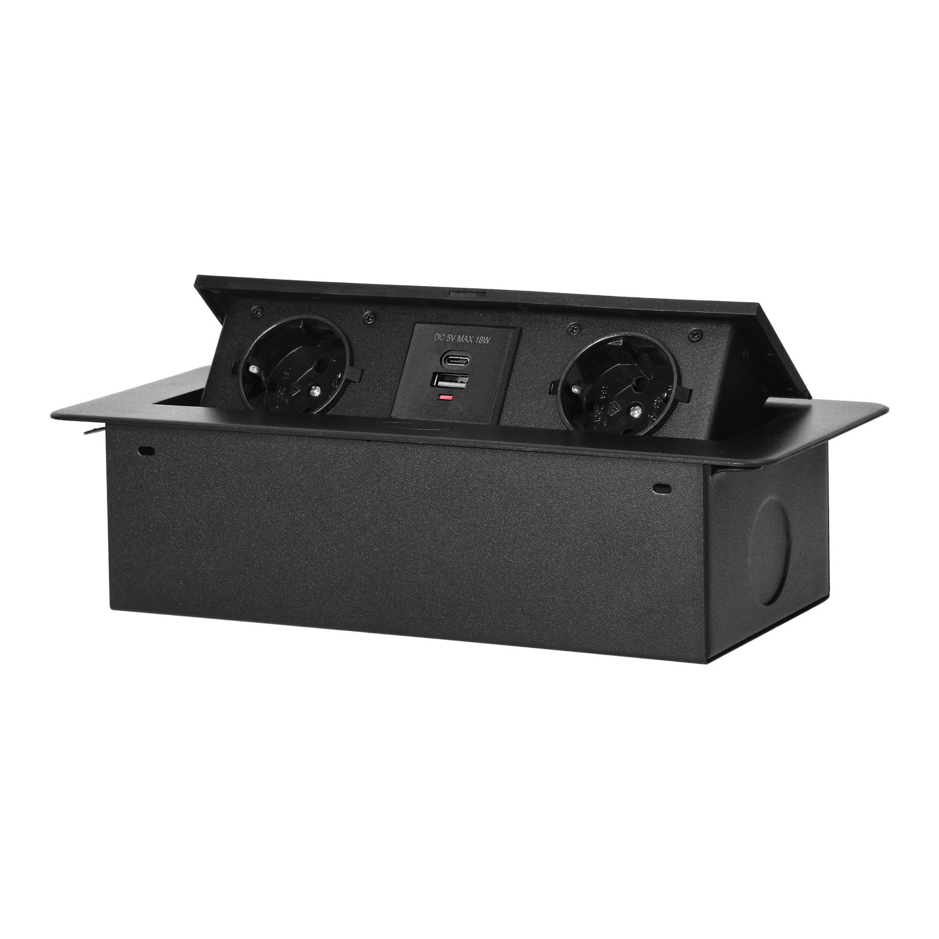 

Gniazdo meblowe wpuszczane w blat z płaskim frezowanym rantem i ładowarką USB, 2x2P+Z (Schuko),2x USB (typ A+C; 3,6A), czarne, Typ a+c;3.6a)/czarn