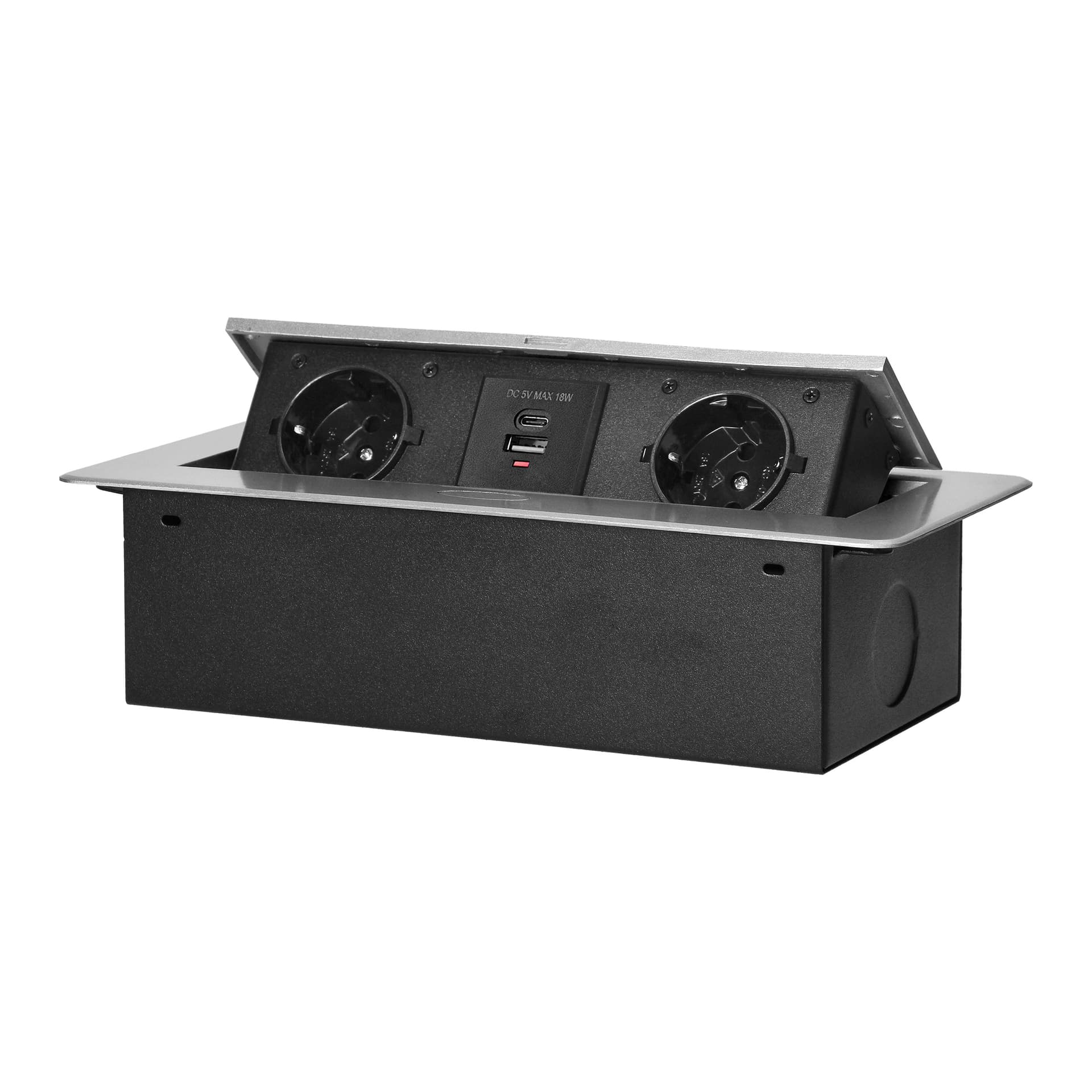 

Gniazdo meblowe wpuszczane w blat z płaskim frezowanym rantem i ładowarką USB, 2x2P+Z (Schuko),2x USB (typ A+C; 3,6A), srebrne, Typ a+c;3.6a)/srebrn