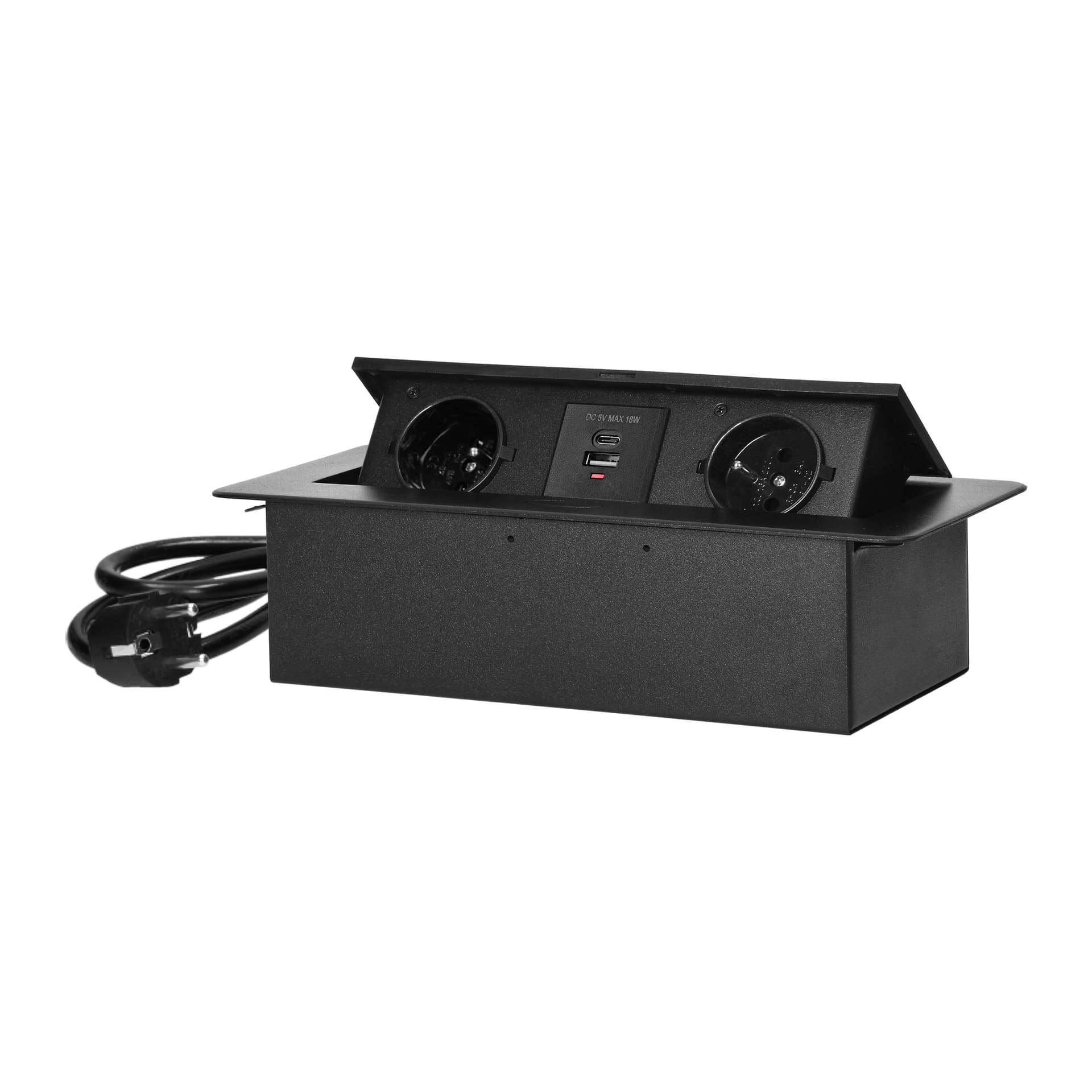 

Gniazda meblowe wpuszczane w blat z płaskim frezowanym rantem, ładowarką USB i przewodem 1,5m, 2x2P+Z, 2xUSB (typ A+C; 3,6A), czarne, Typ a+c;3.6a)/czarn