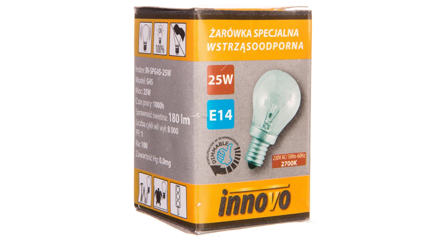 

Żarówka wstrząsoodporna G45 25W E14 230V 180lm IN-SPG45-25W