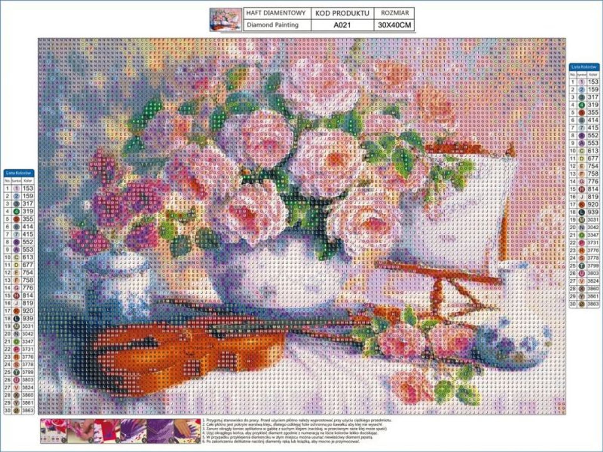 

Haft Diamentowy, Obraz, Mozaika Diamentowa Diamond Painting, BUKIET KWIATÓW, SKRZYPCE 40x30cm