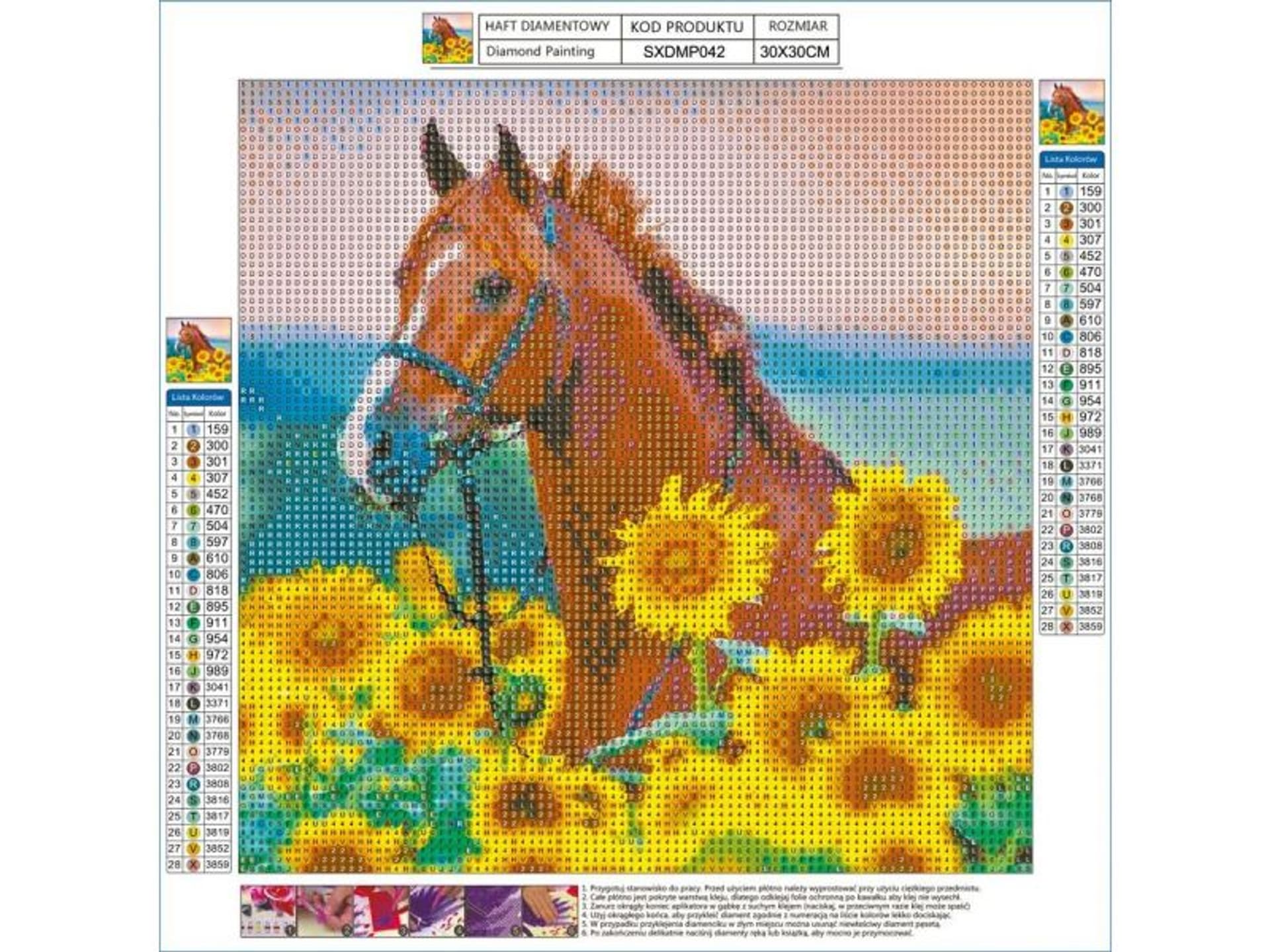 

Haft Diamentowy, Obraz, Mozaika Diamentowa Diamond Painting, KOŃ W SŁONECZNIKACH 30x30cm