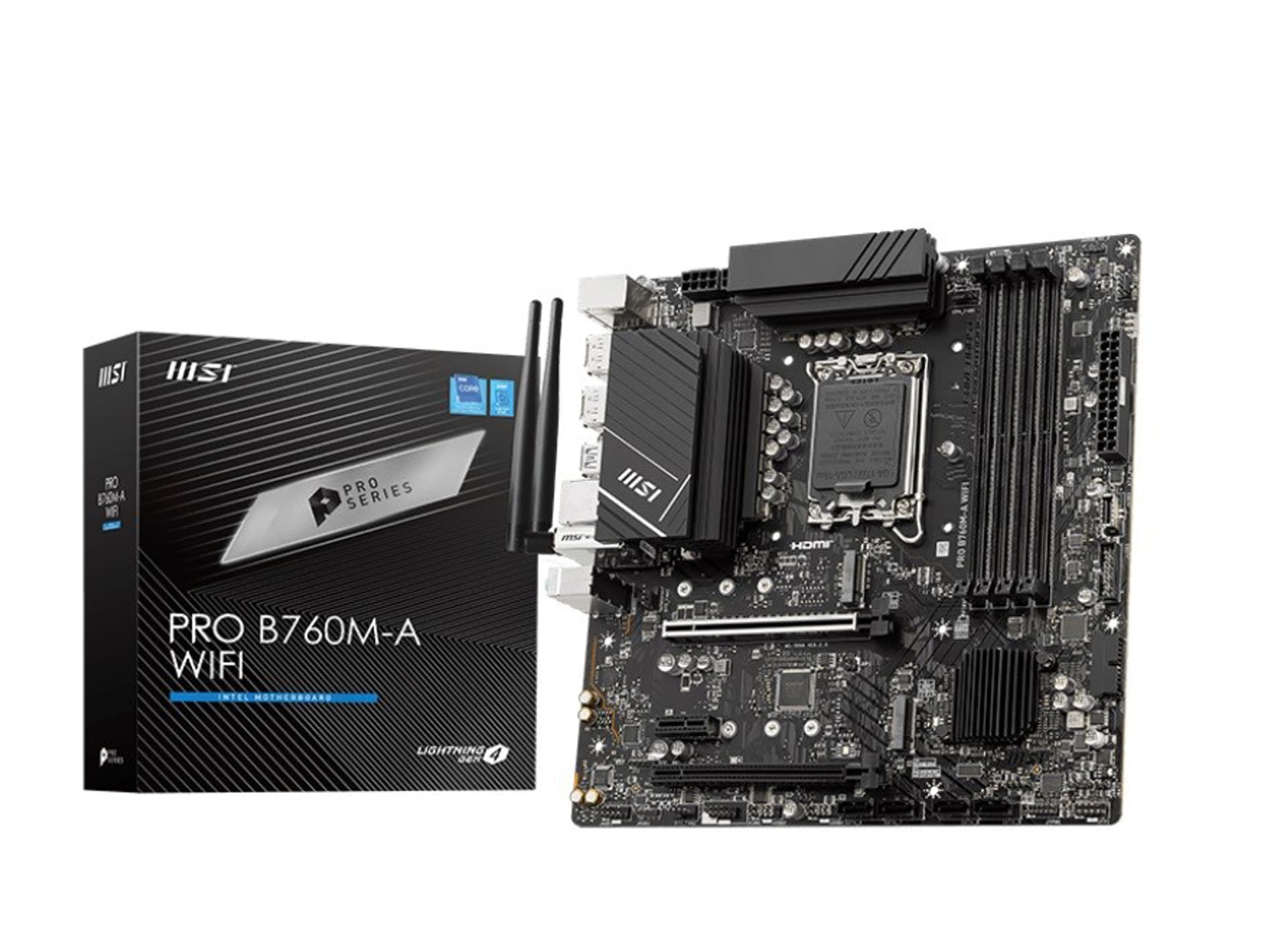 

PŁYTA GŁÓWNA 1700 MSI PRO B760M-A WIFI B760/DDR5/SATA3/RAID/2xM.2/BT/802.11ax/U3.1/mATX