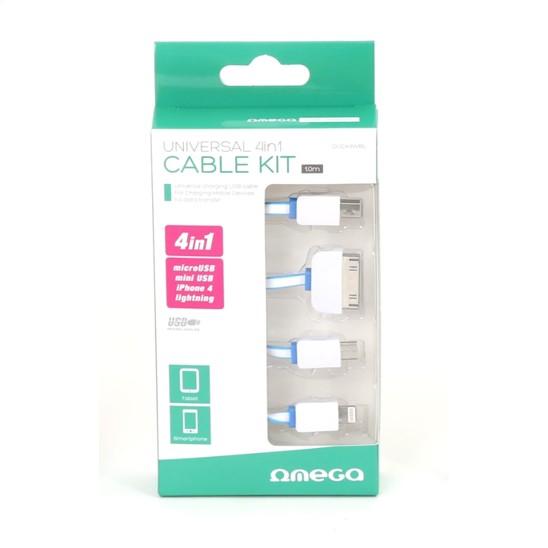 

OMEGA HYDRA USB UNIVERSAL CHARGING CABLE KABEL KIT 4 IN 1: MICRO USB + MINI USB + IPHONE4 + LIGHTNING - WHITE & BLUE [42812]