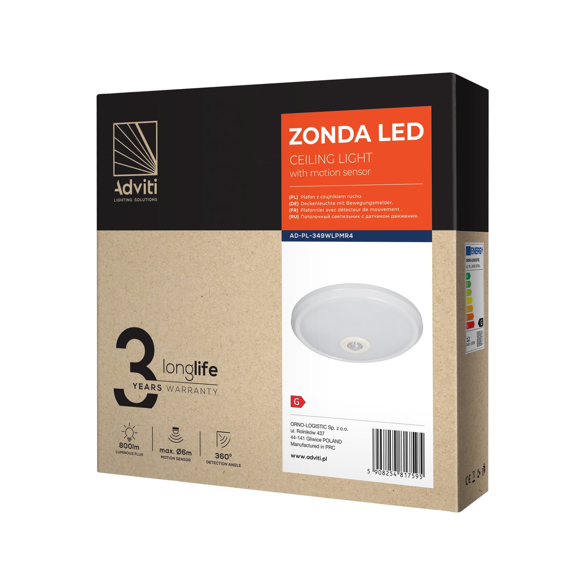 

ZONDA LED 12W, plafon z czujnikiem ruchu, 800lm, IP20, 4000K, poliwęglan mleczny, biały