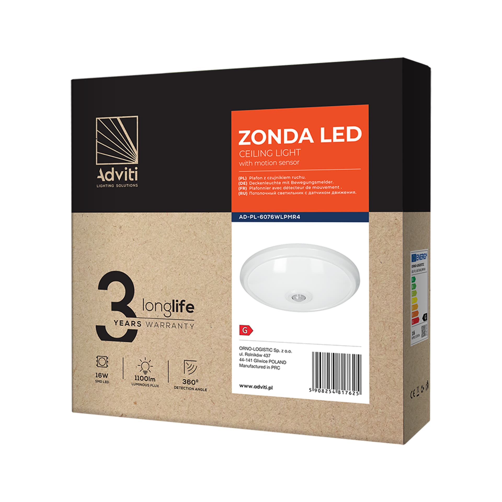 

ZONDA LED 16W, plafon z czujnikiem ruchu, 1100lm, IP20, 4000K, poliwęglan mleczny, biały