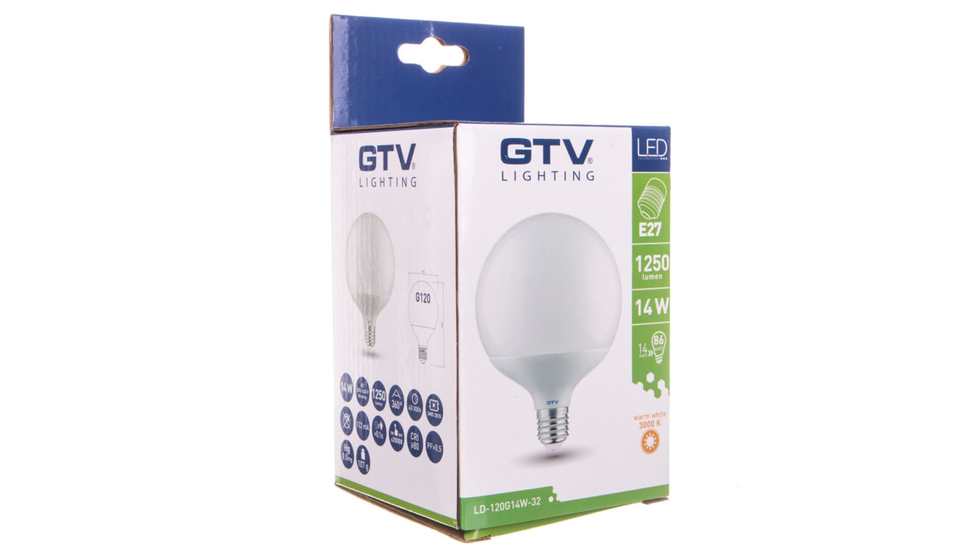 

Żarówka LED G120 SMD 2835 ciepła biała E27 14W 220-240V AC 360 stopni 1250lm 121 mA LD-120G14W-32