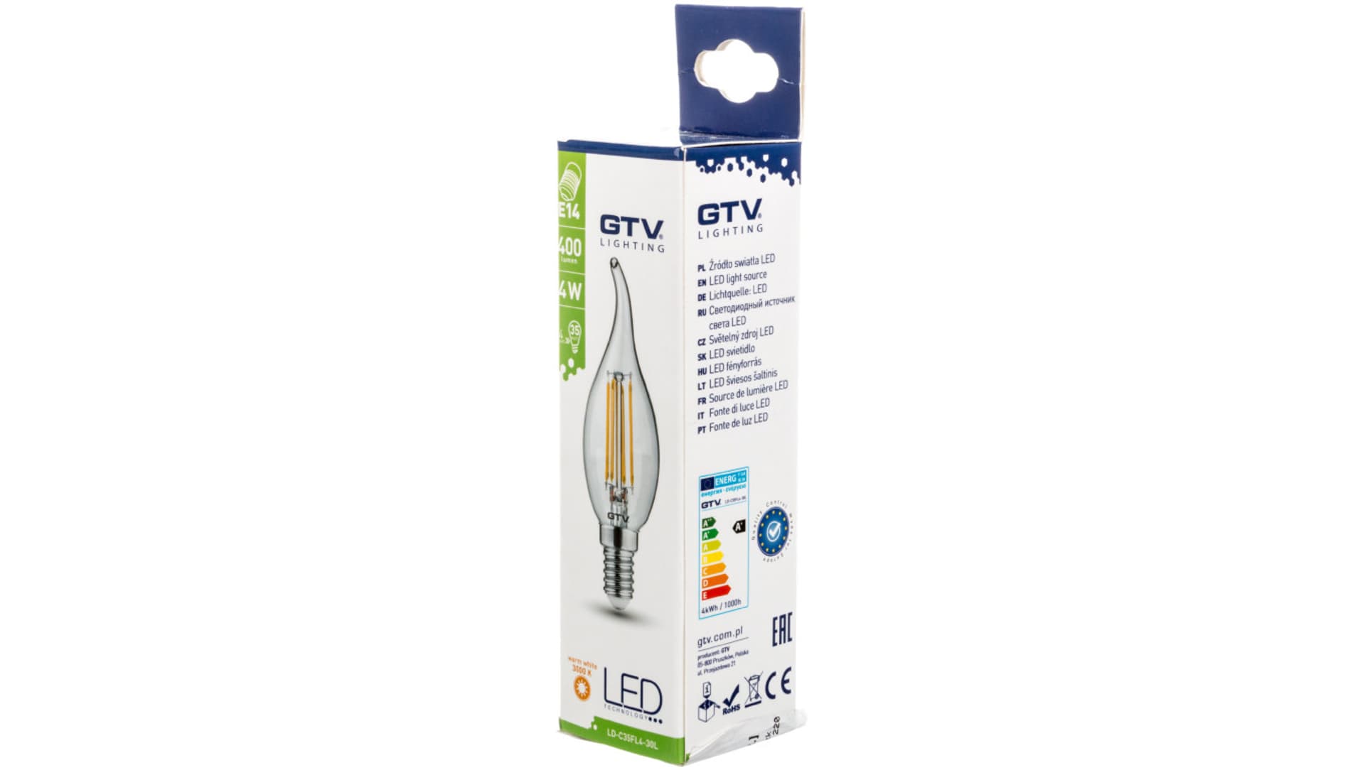 

Żarówka LED FILAMENT świeczka C35L ciepła biała E14 4W 220-240V 50-60hz 360 stopni 400lm 35mA LD-C35FL4-30L