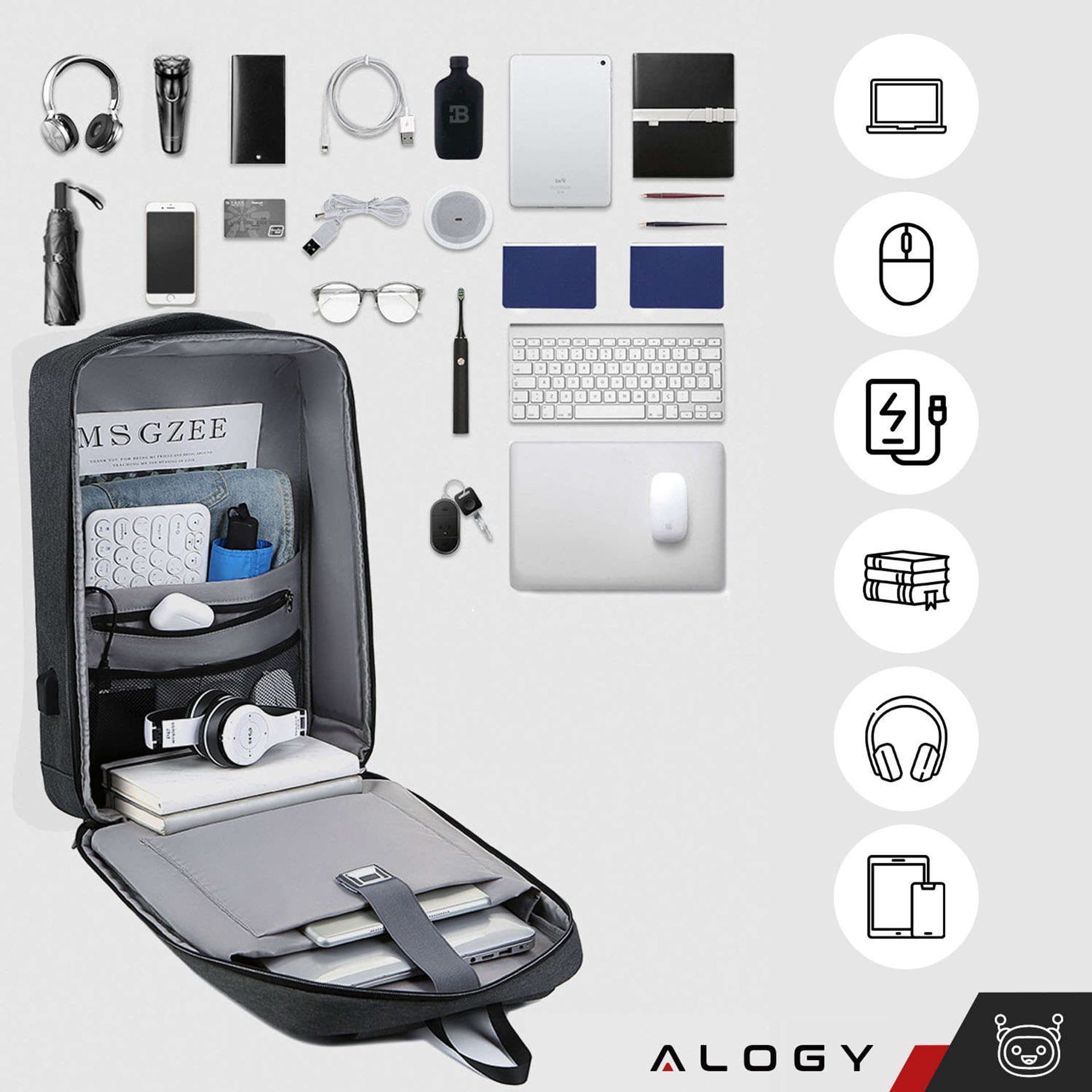 

Plecak antykradzieżowy Alogy Urban Safe na laptopa 15,6" z portem USB duży wodoodporny Unisex Czarny