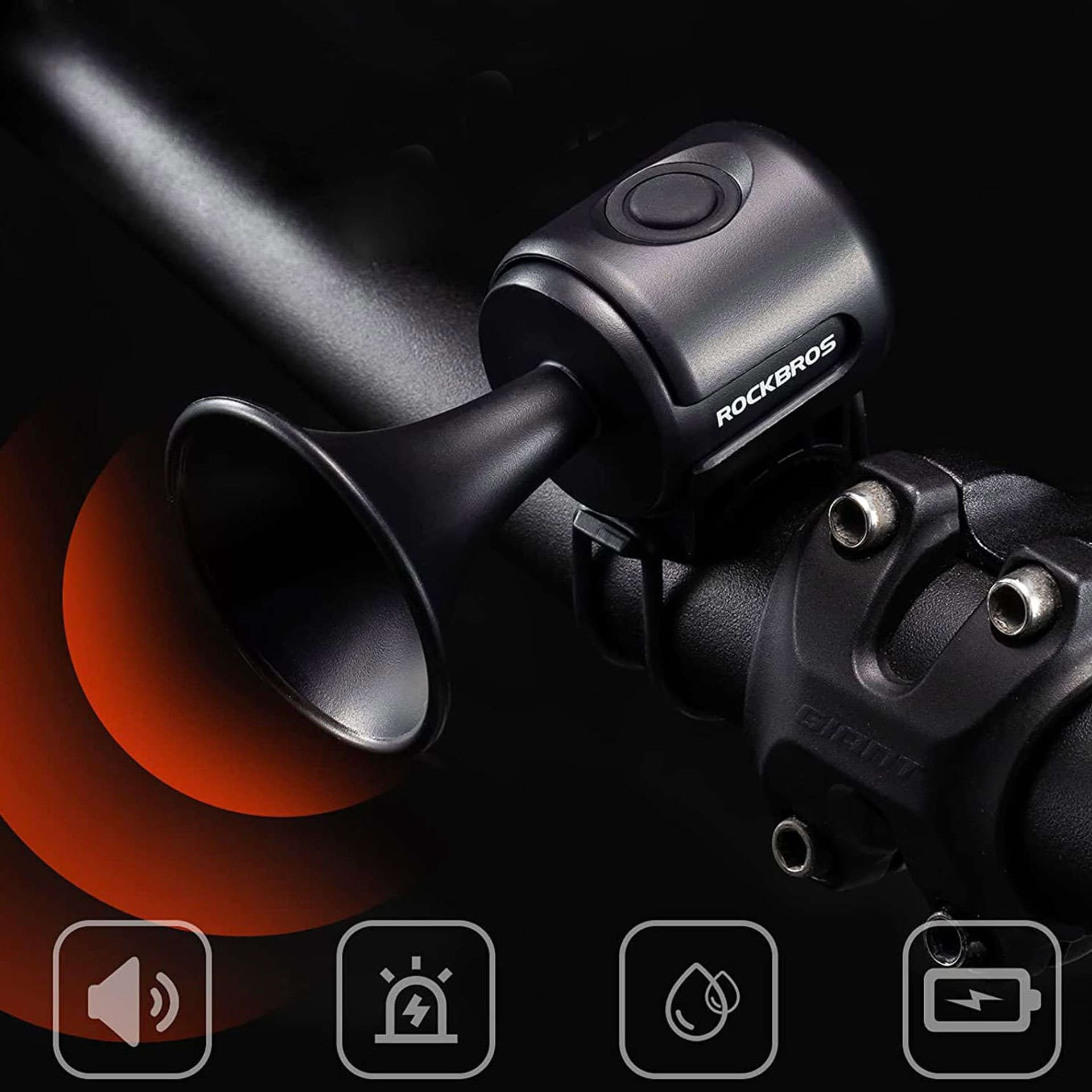 

Dzwonek rowerowy RockBros Electric Waterproof Bell Wodoodporny IPX4 głośna trąbka 120dB na kierownicę na rower Czarny