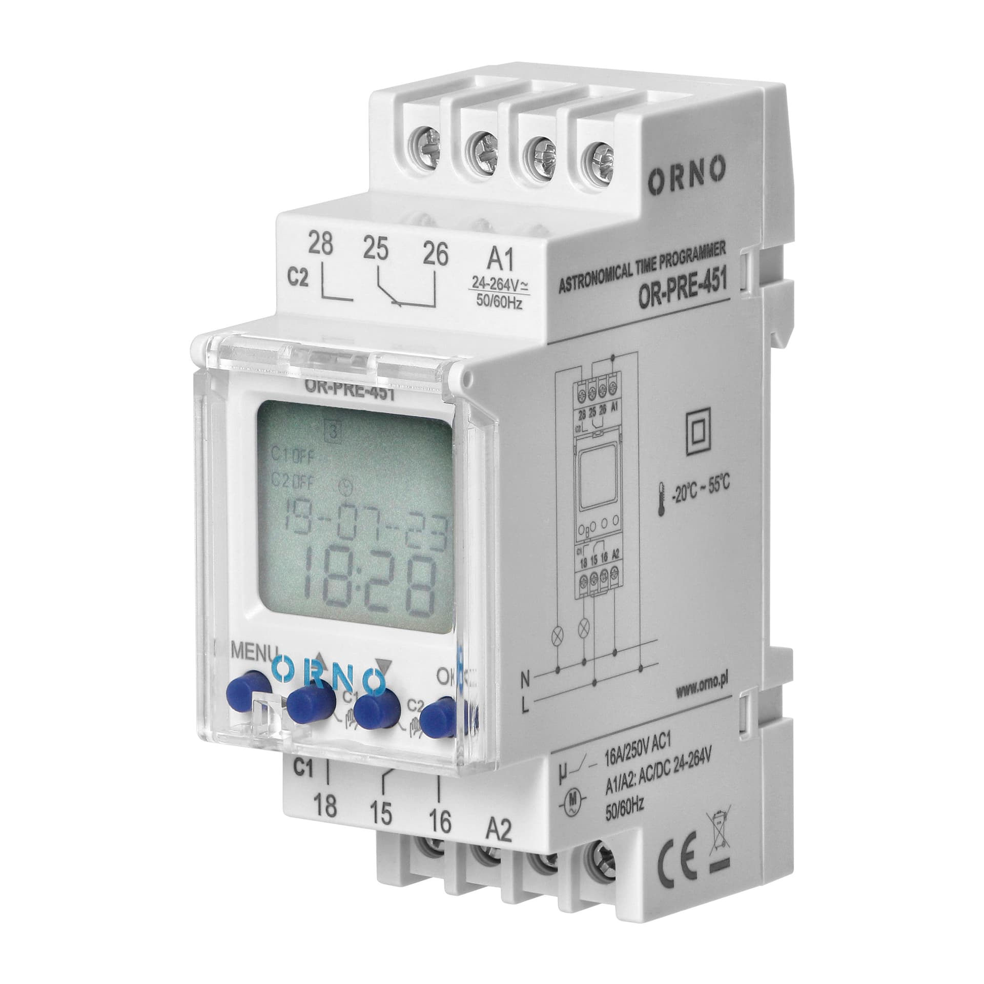 

Elektroniczny programator czasowy, 100 programów, 3 języki menu, 2 wyjśćia przekaźnikowe 16A/230V, szerokość 2 moduły, DIN TH-35