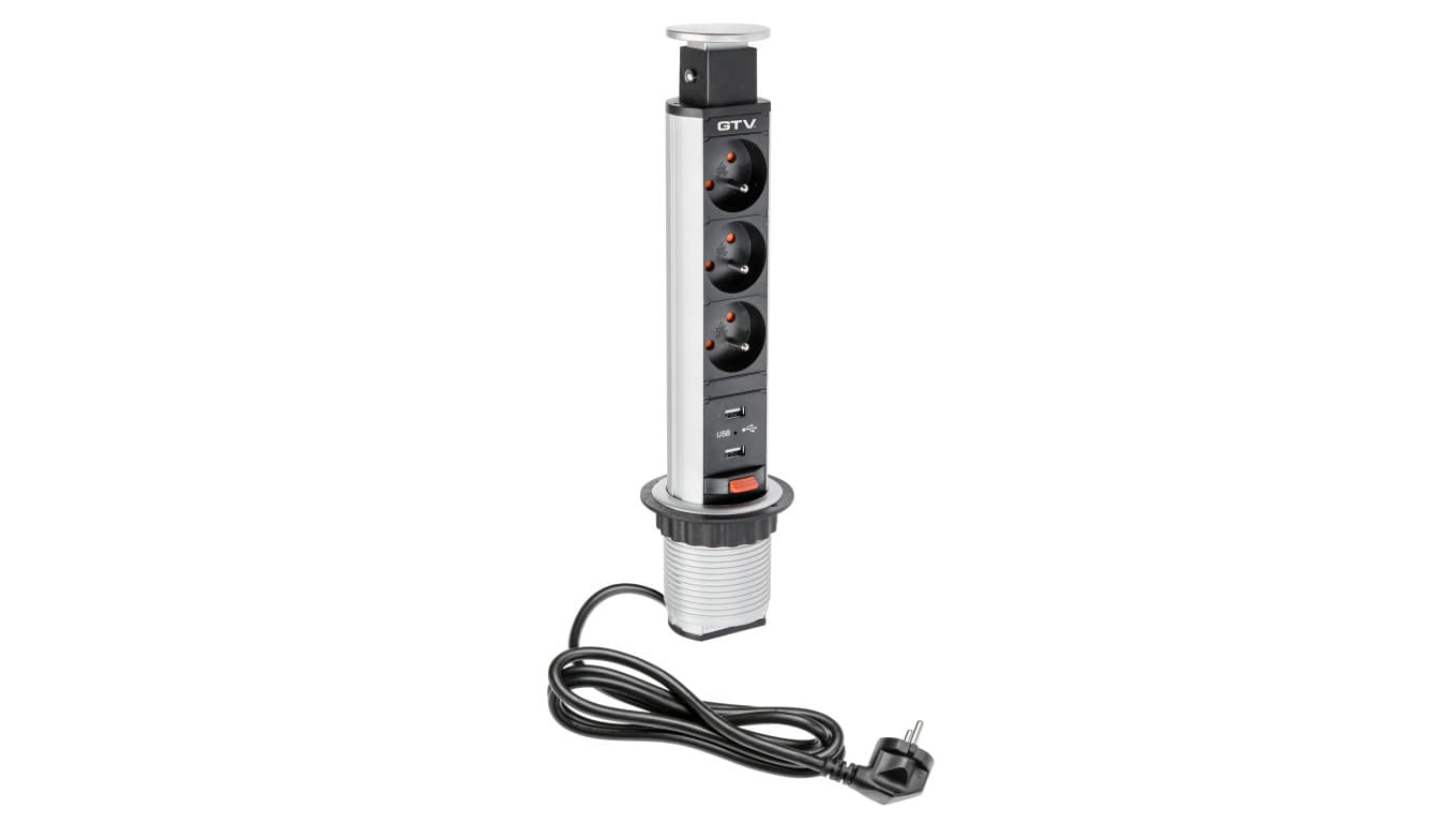 

Biurkowy przedłużacz wpuszczany 60mm, 3x gniazdo z uziemieniem, 2xUSB 2,1A 5V (srebrny)