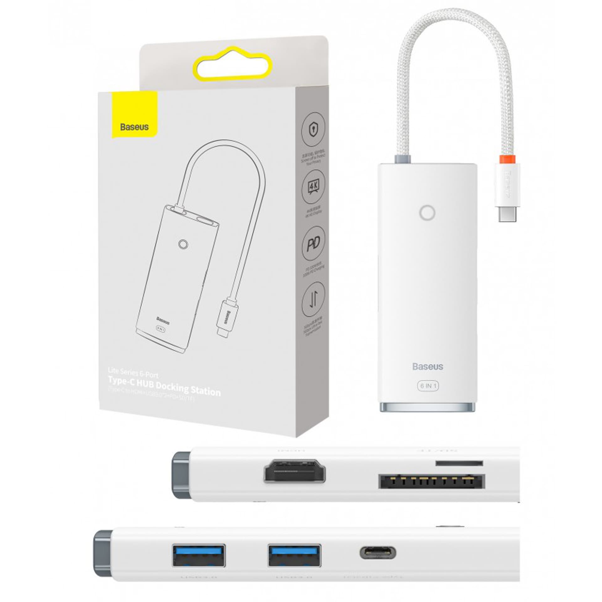 

Hub 6w1 Baseus Lite Series USB-C do 2x USB 3.0 + USB-C PD + HDMI + SD/TF (biały)