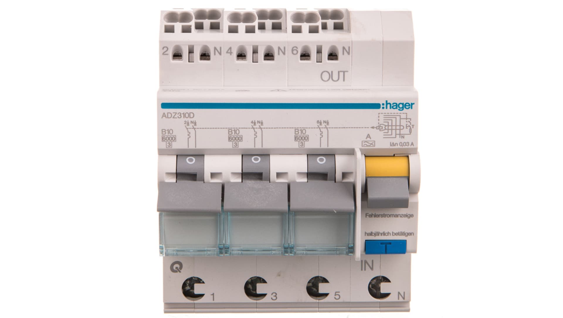 

Wyłącznik różnicowonadprądowy 3x1P+N B 10A 0,03A Typ A 6kA RCBO ADZ310D